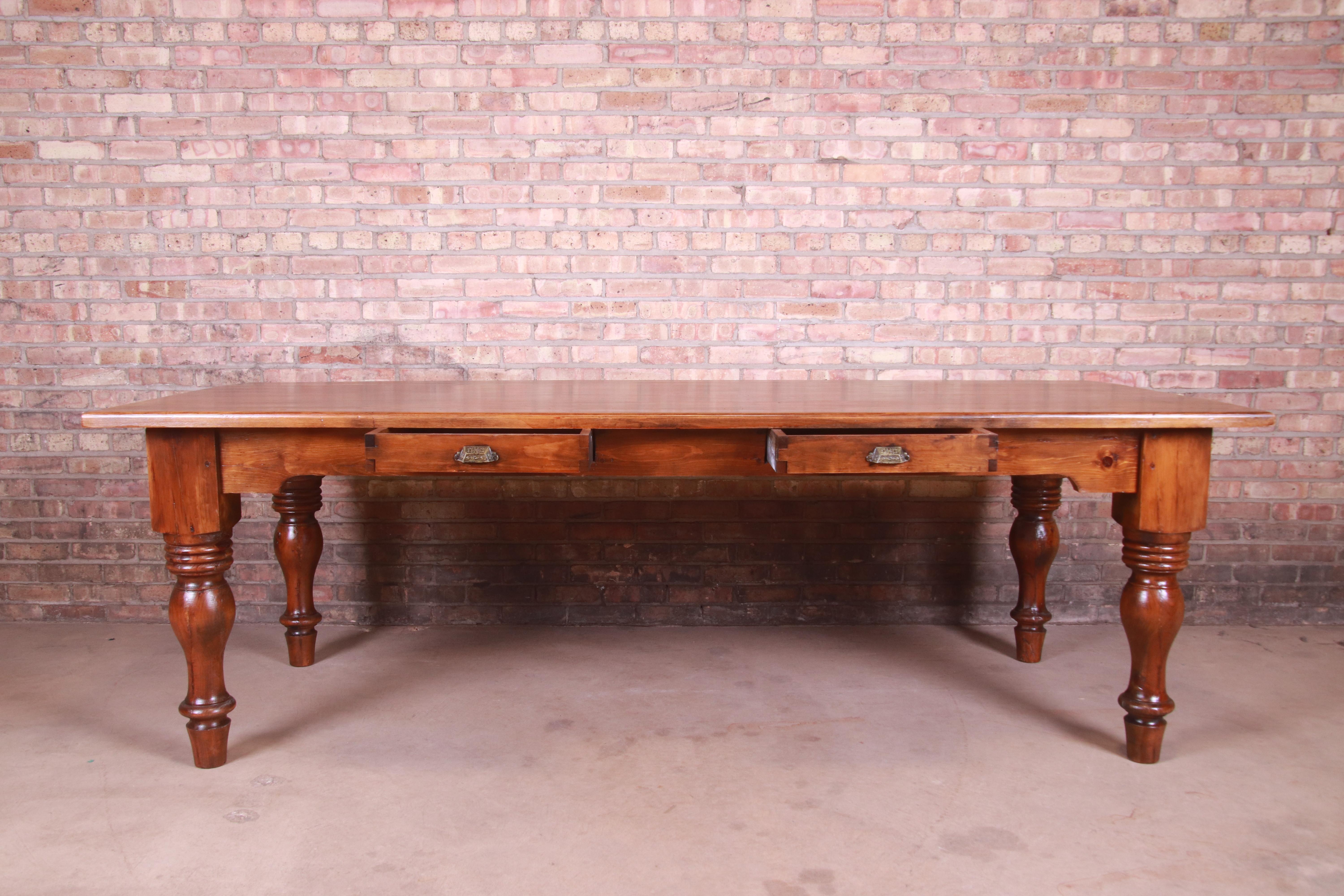 19th Century Rustic Pine American Harvest Farm Table with Drawers 3