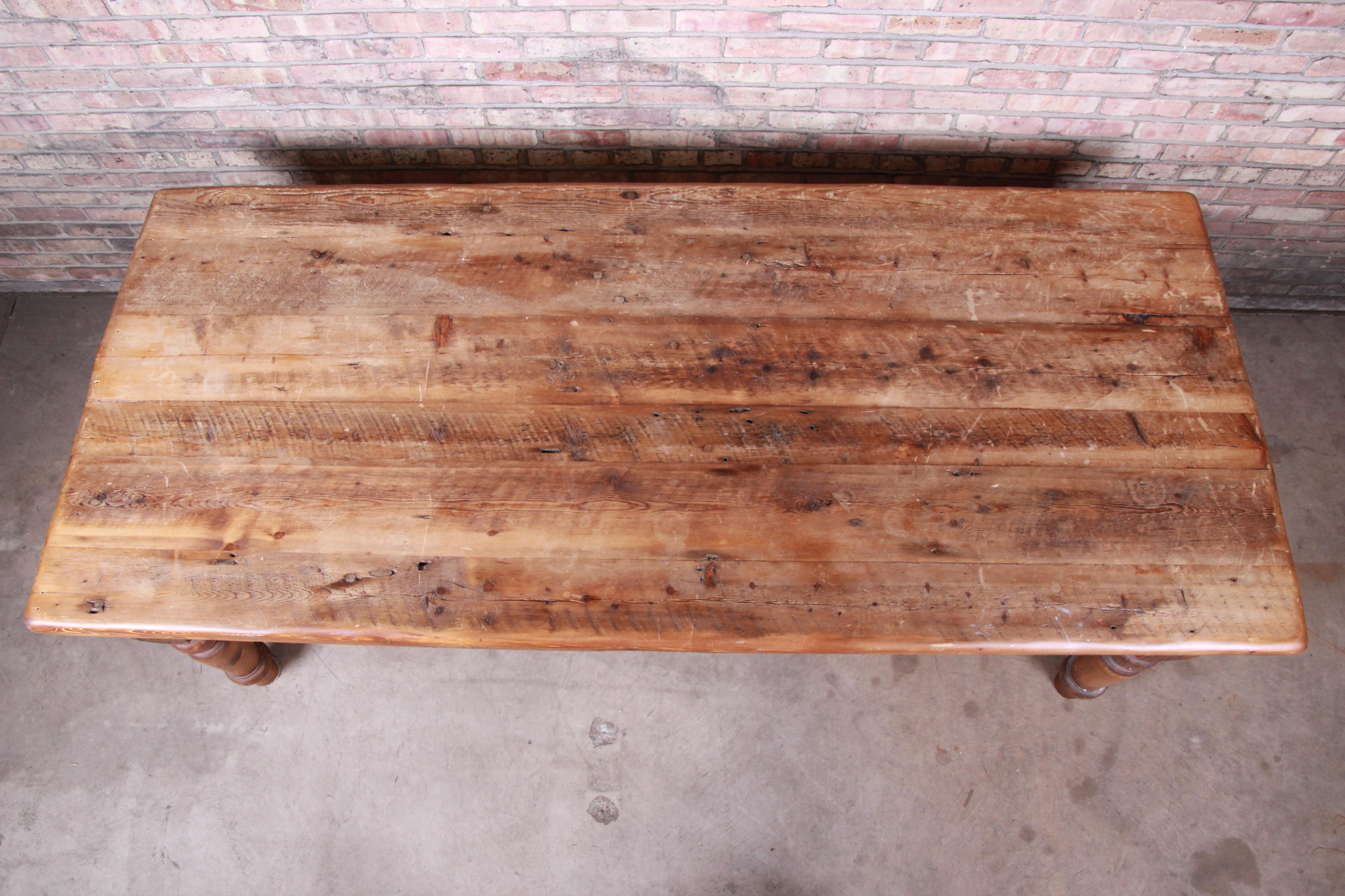 19th Century Rustic Pine American Harvest Farm Table with Turned Legs 7