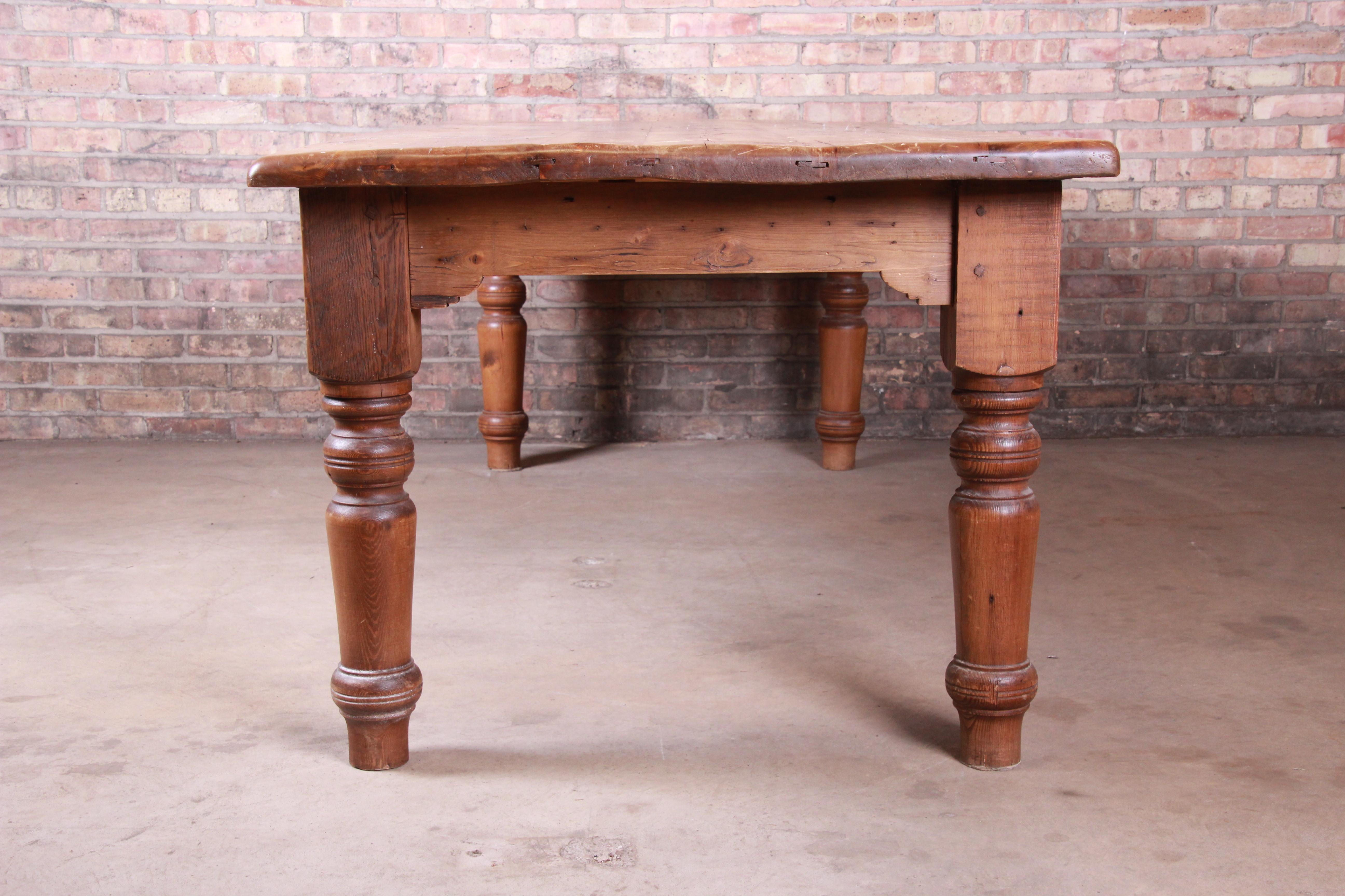 19th Century Rustic Pine American Harvest Farm Table with Turned Legs 9