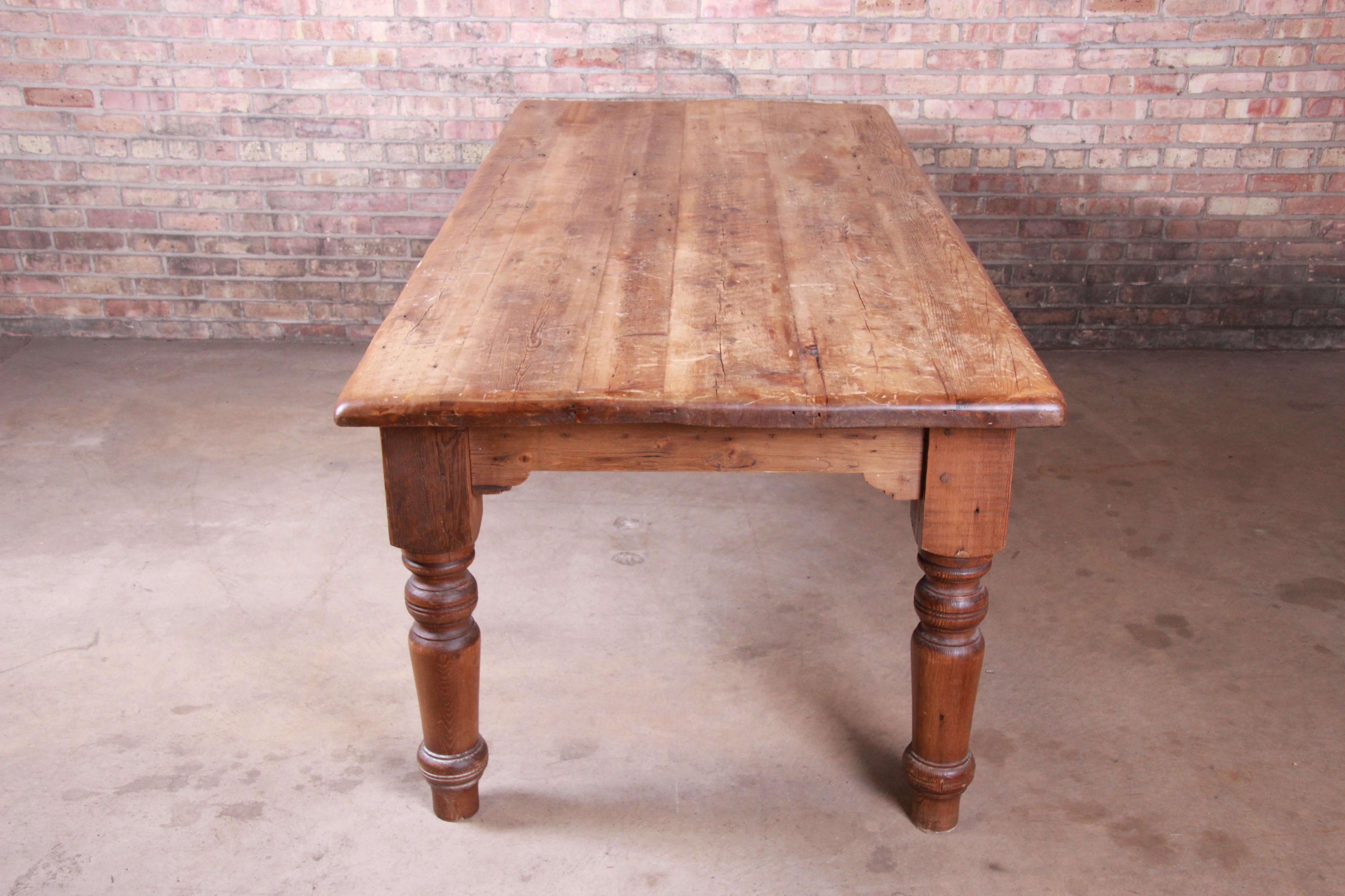 19th Century Rustic Pine American Harvest Farm Table with Turned Legs 10