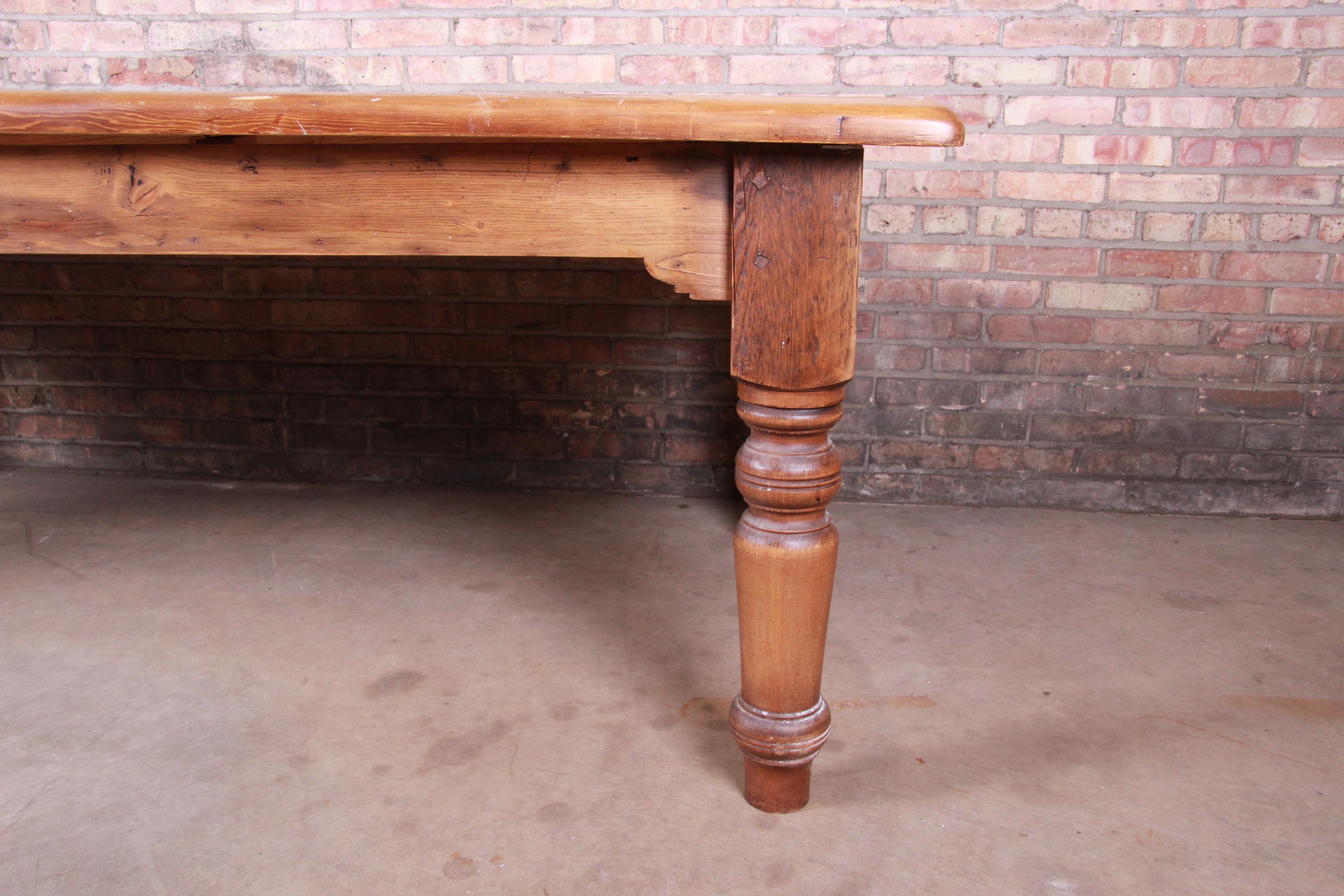 19th Century Rustic Pine American Harvest Farm Table with Turned Legs 1