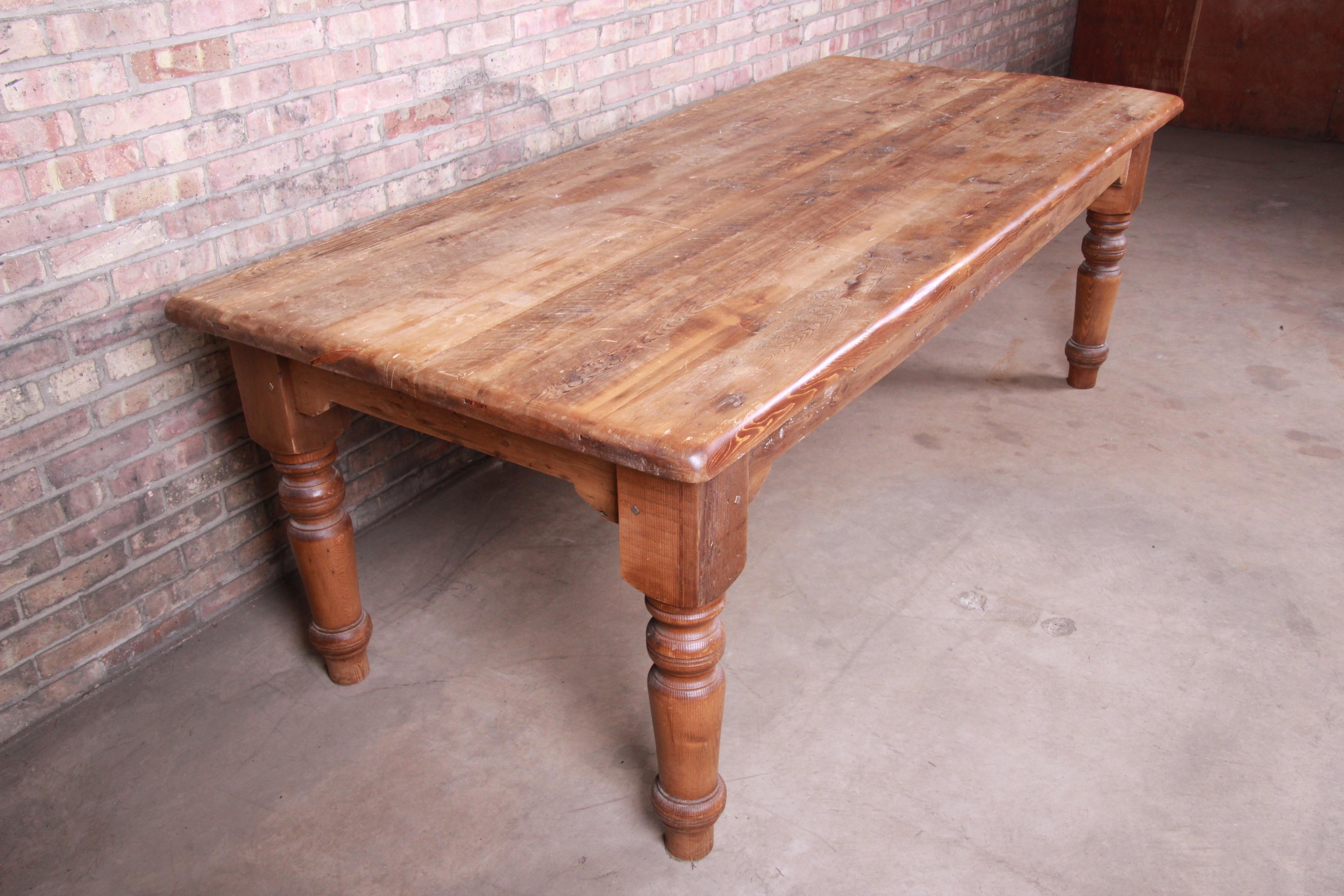 19th Century Rustic Pine American Harvest Farm Table with Turned Legs 3