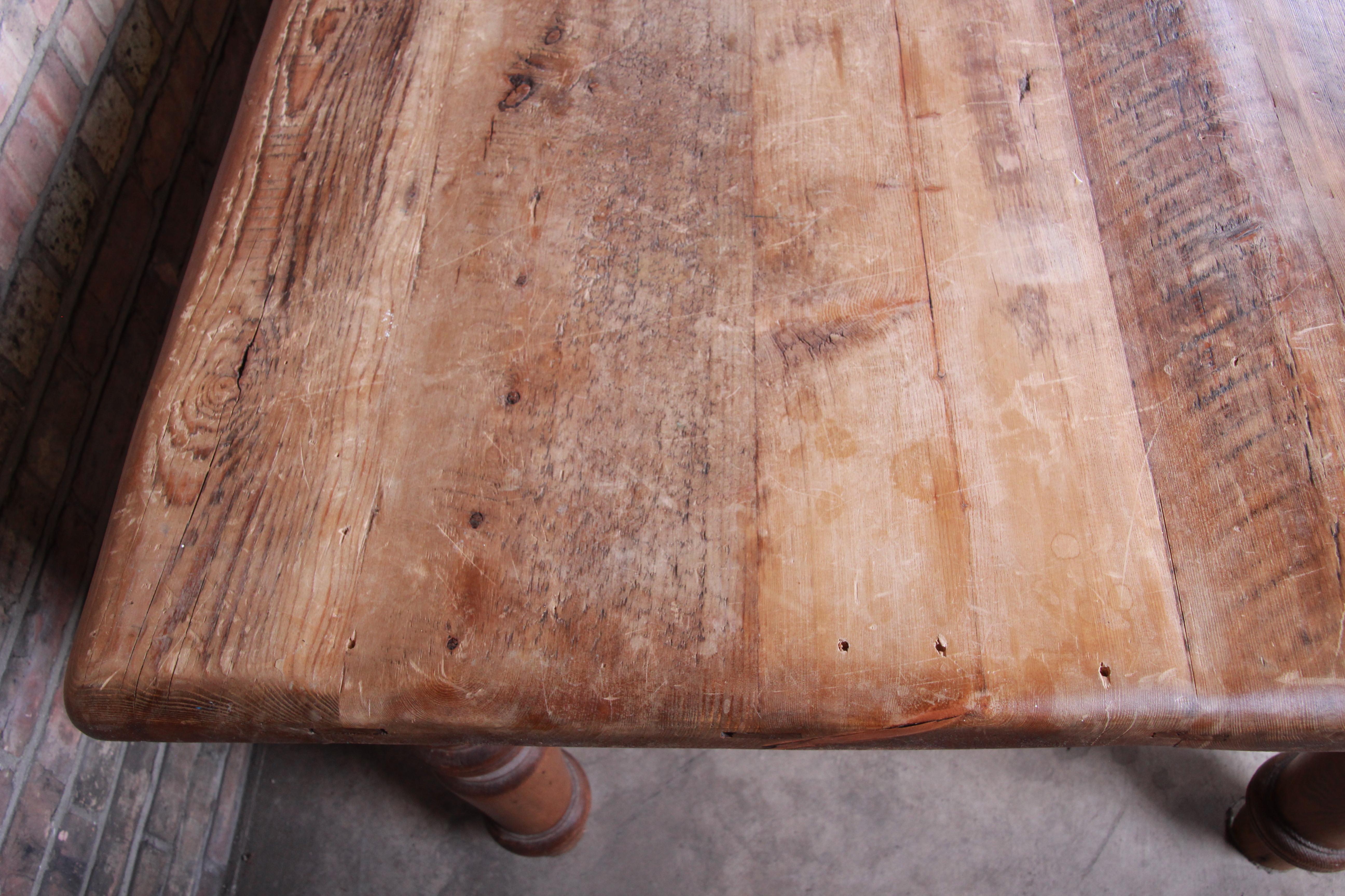 19th Century Rustic Pine American Harvest Farm Table with Turned Legs 4