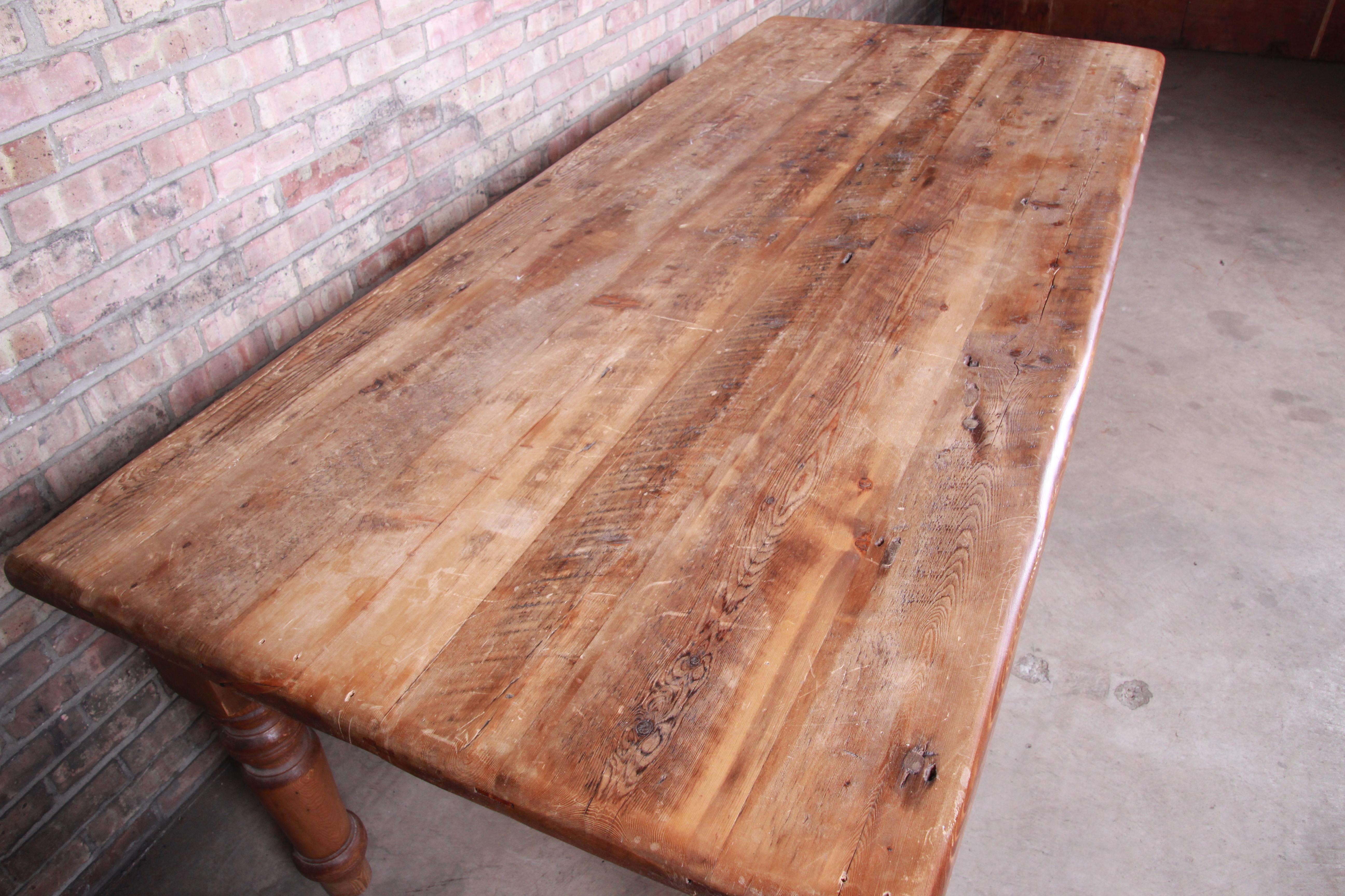 19th Century Rustic Pine American Harvest Farm Table with Turned Legs 6