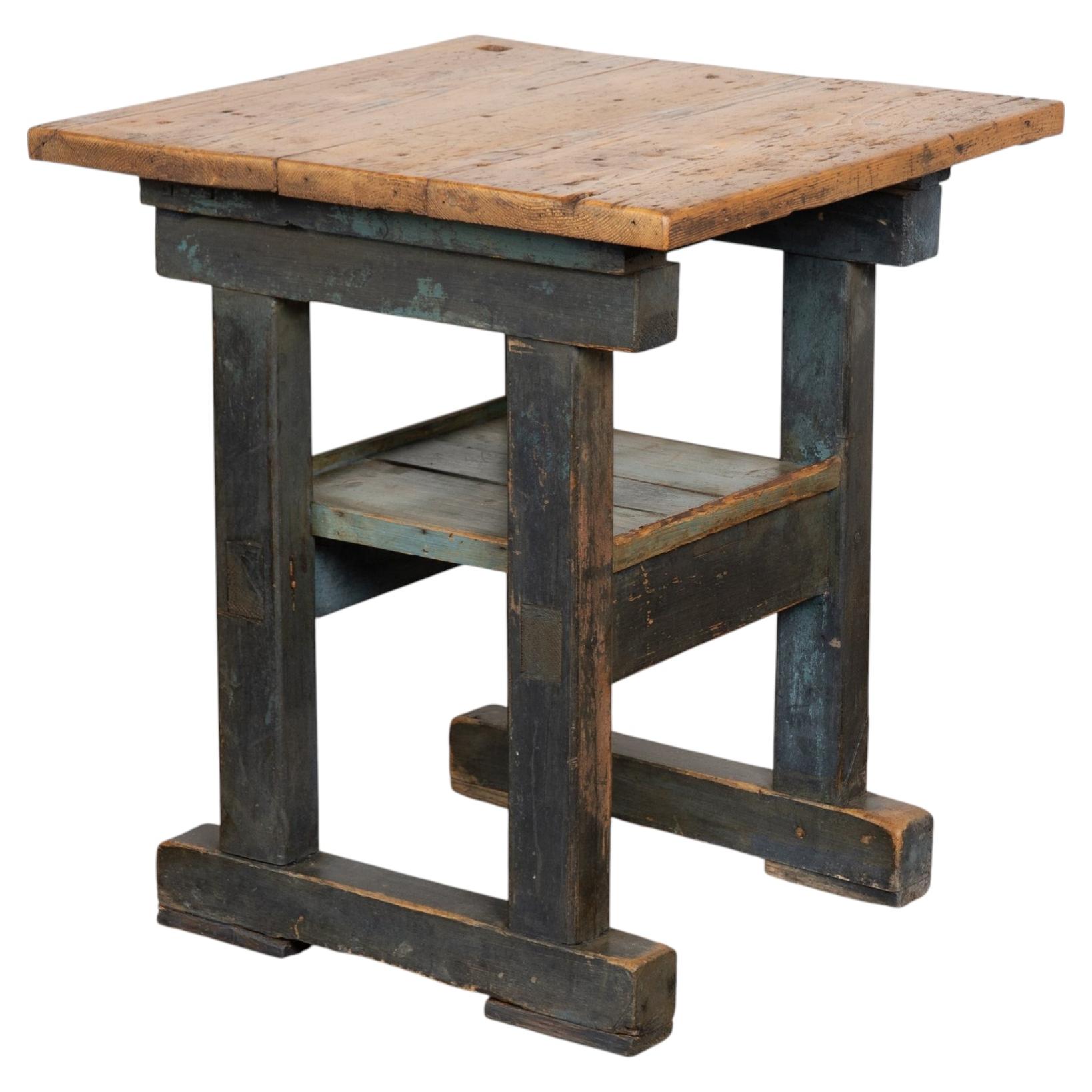 19th-Century Rustic Pine Console Table with Painted Base and Shelf