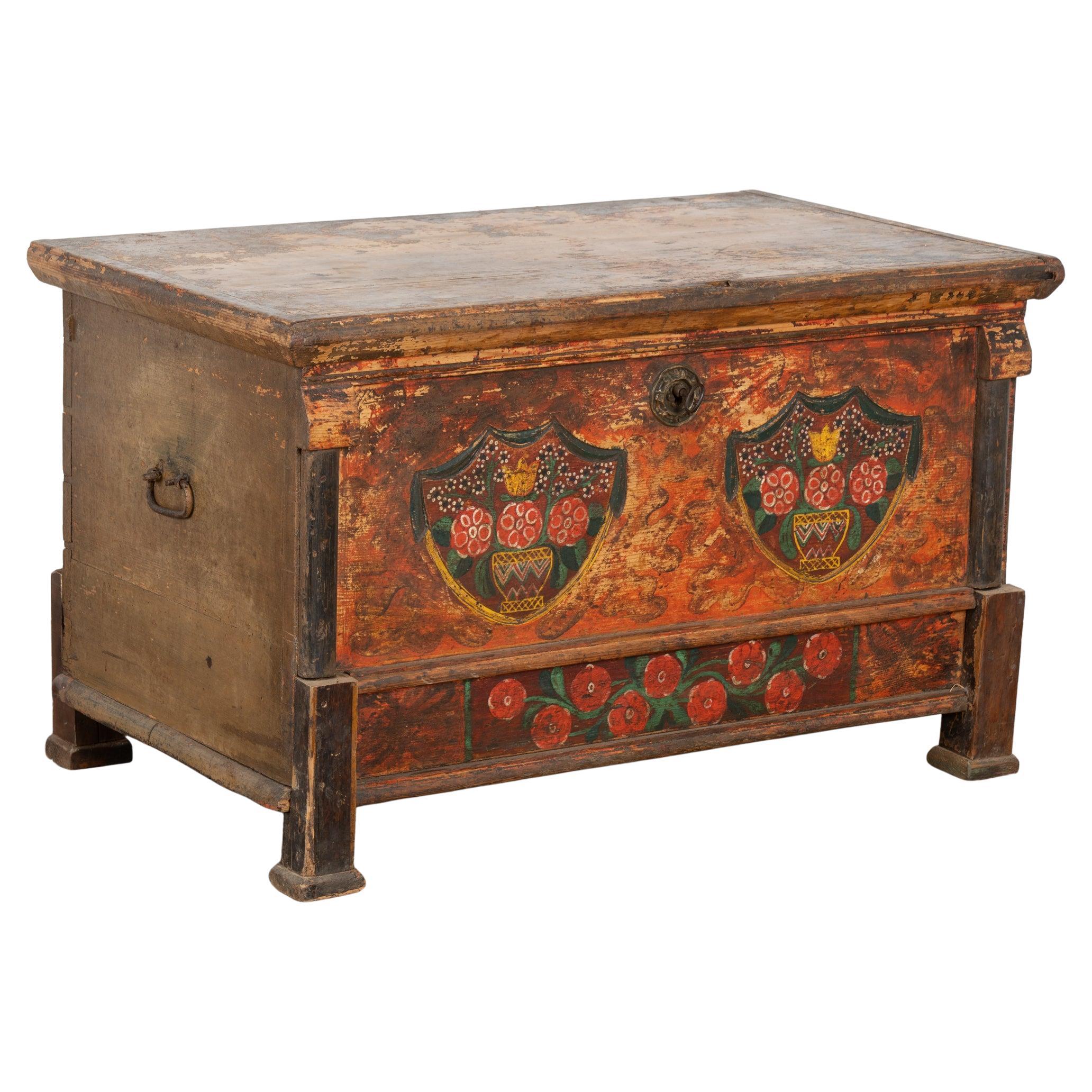 19th Century Rustic Pine Original Painted Flat Top Trunk