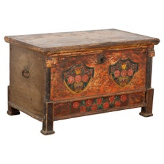 Antique 19th Century Rustic Pine Original Painted Flat Top Trunk