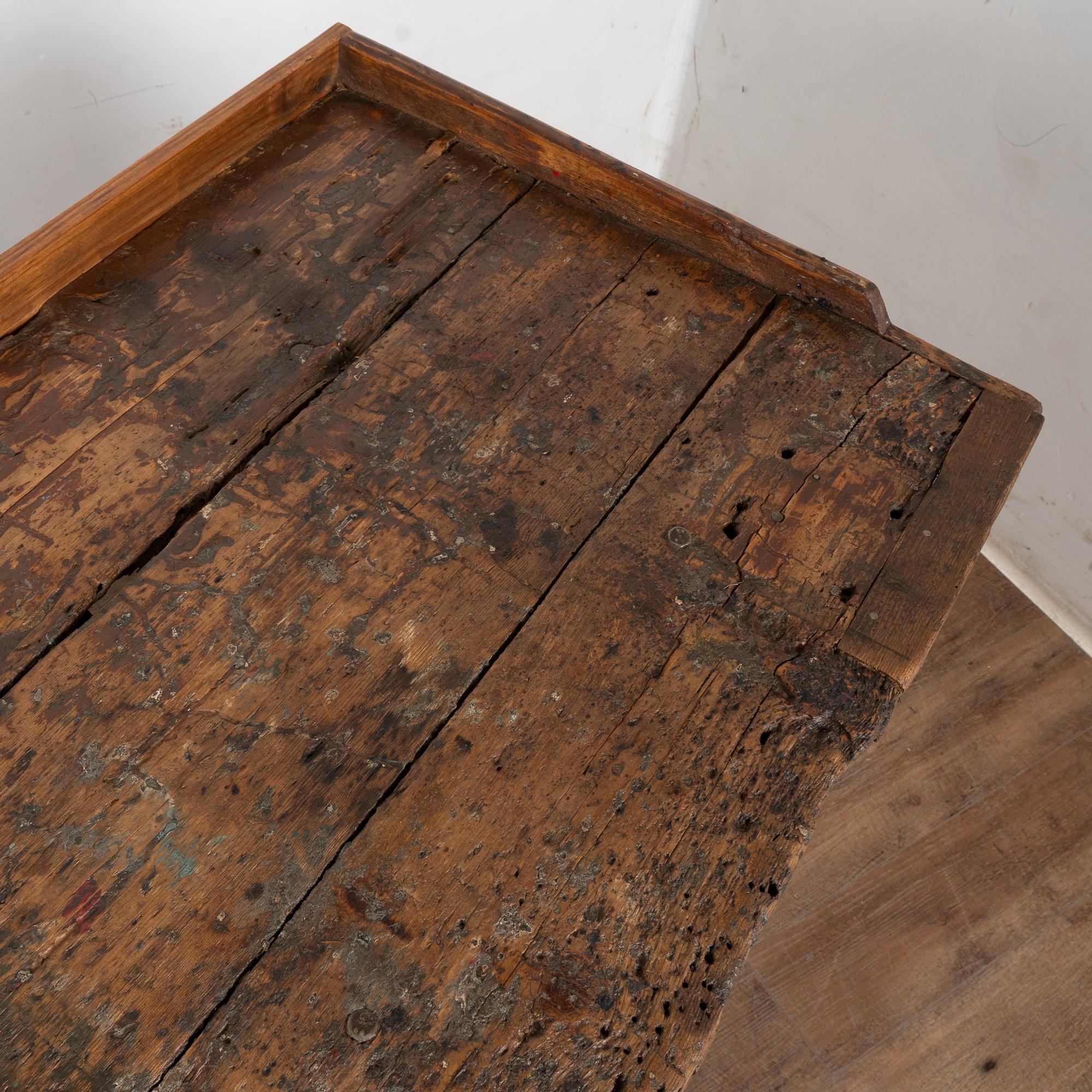 19th Century Rustic Pine Work Table with Shelf, Console or Island For Sale 6