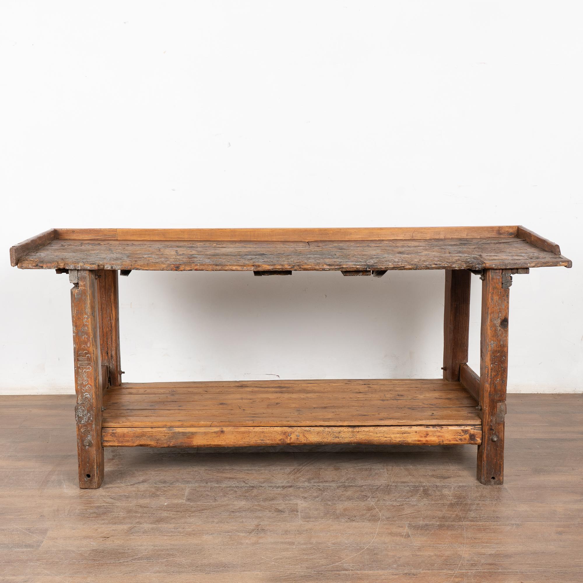 19th Century Rustic Pine Work Table with Shelf, Console or Island For Sale 7