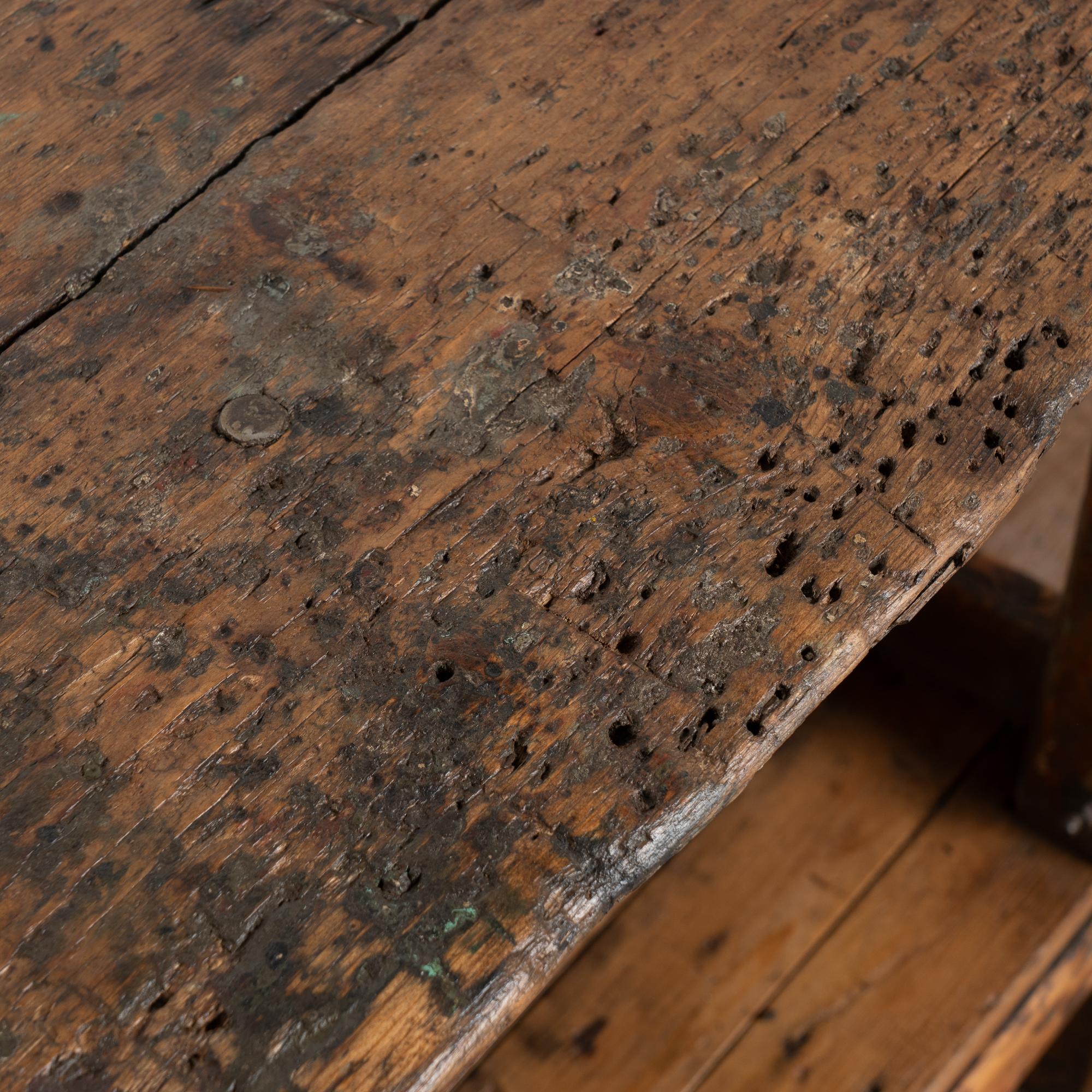 19th Century Rustic Pine Work Table with Shelf, Console or Island For Sale 9