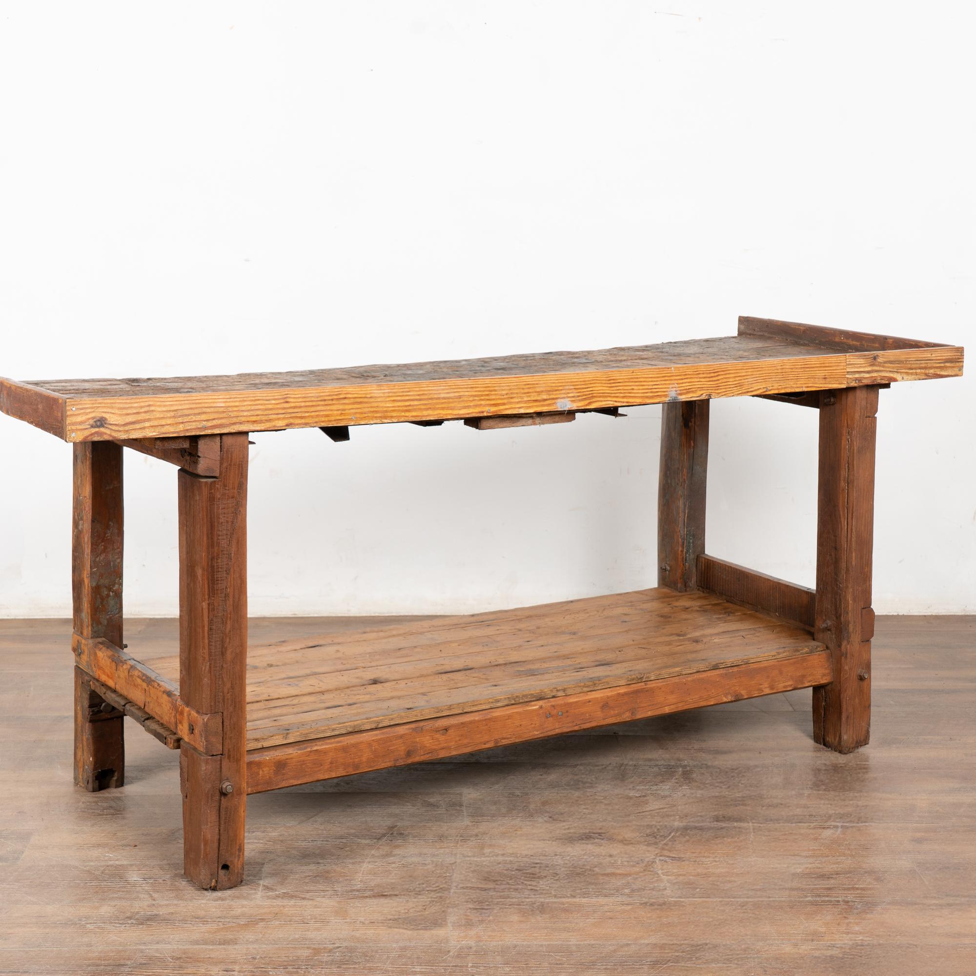 19th Century Rustic Pine Work Table with Shelf, Console or Island For Sale 12