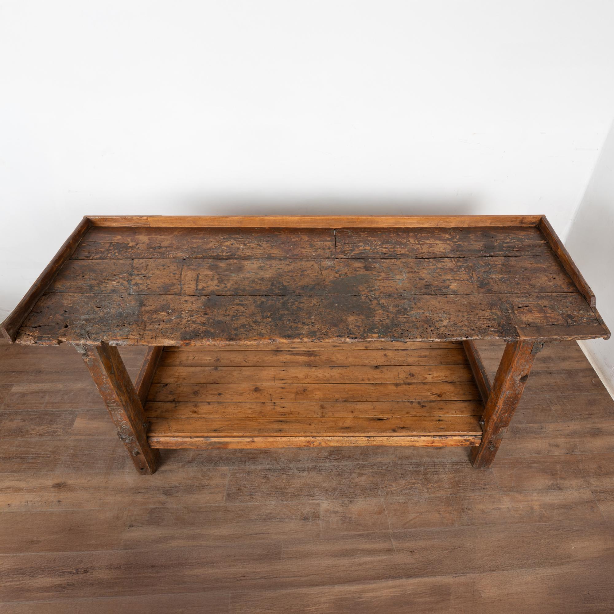 Hungarian 19th Century Rustic Pine Work Table with Shelf, Console or Island For Sale