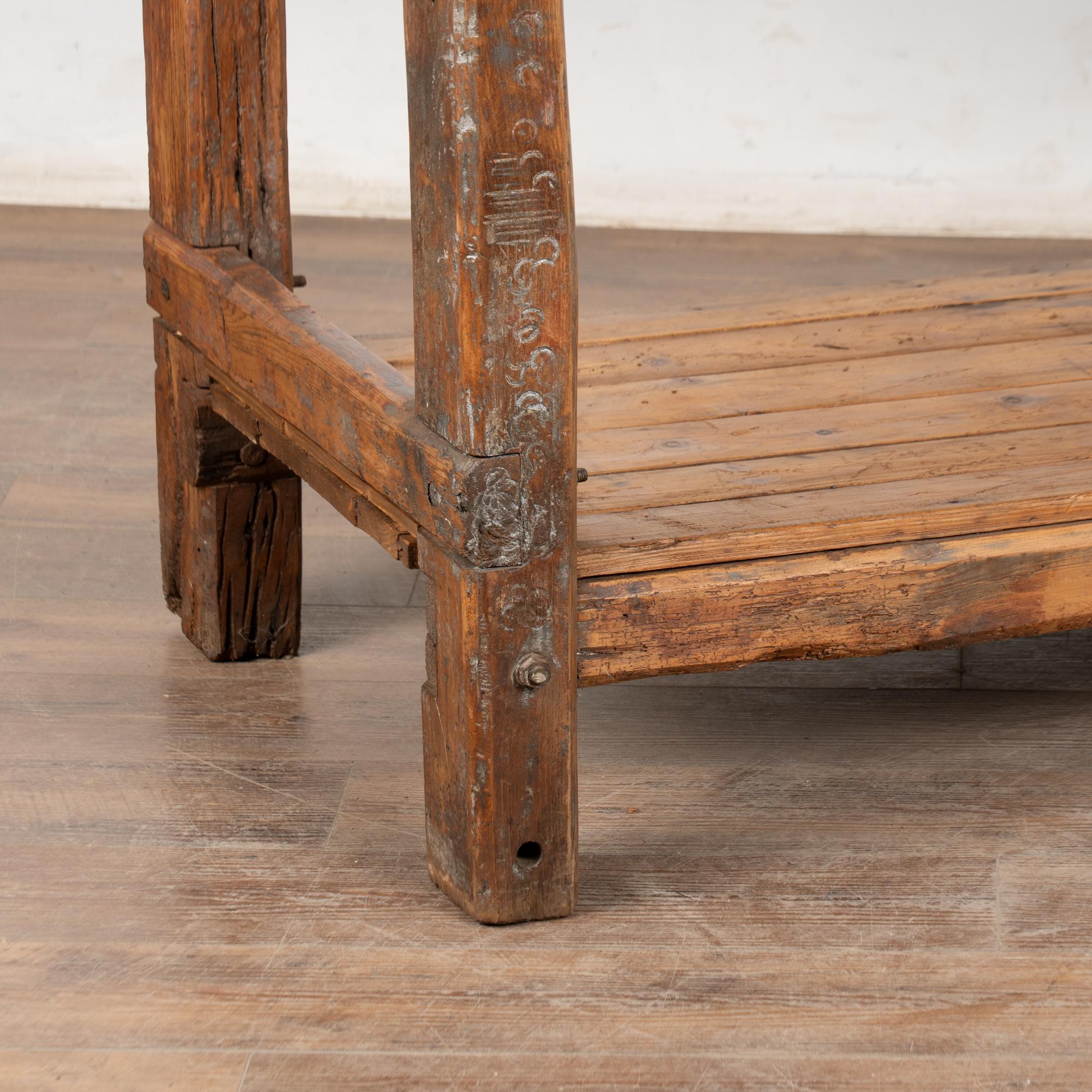 Hand-Crafted 19th Century Rustic Pine Work Table with Shelf, Console or Island For Sale