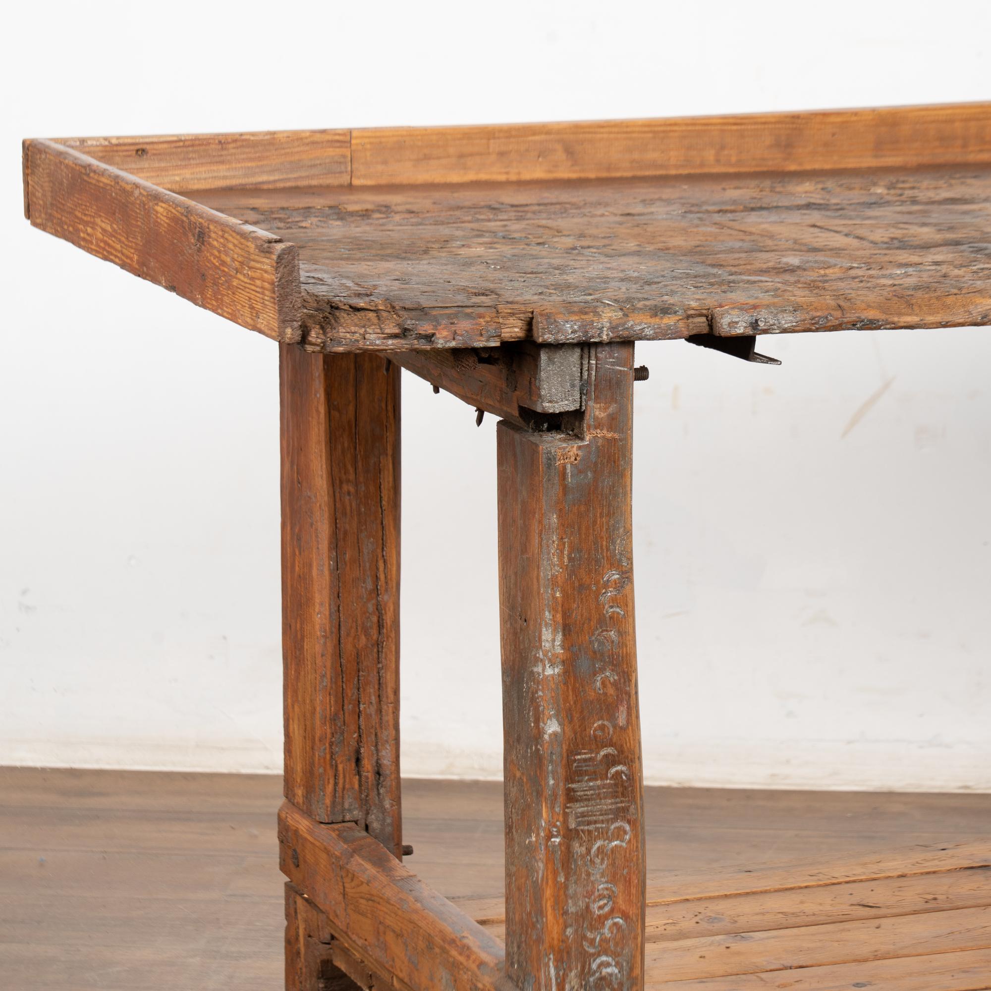 19th Century Rustic Pine Work Table with Shelf, Console or Island In Distressed Condition For Sale In Round Top, TX