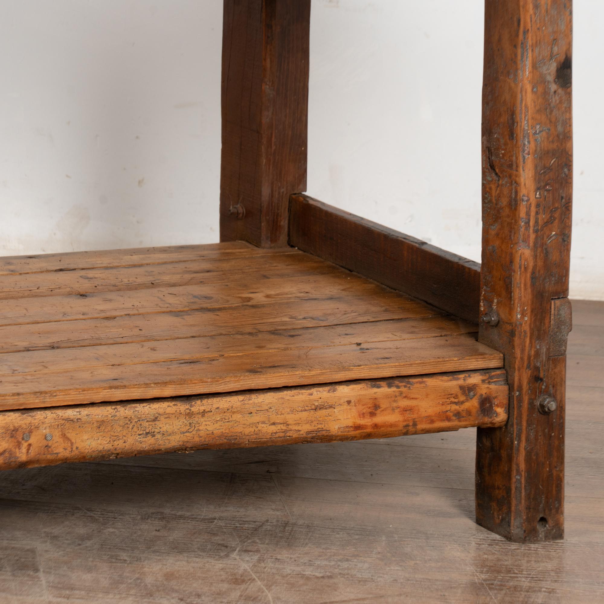 19th Century Rustic Pine Work Table with Shelf, Console or Island For Sale 2