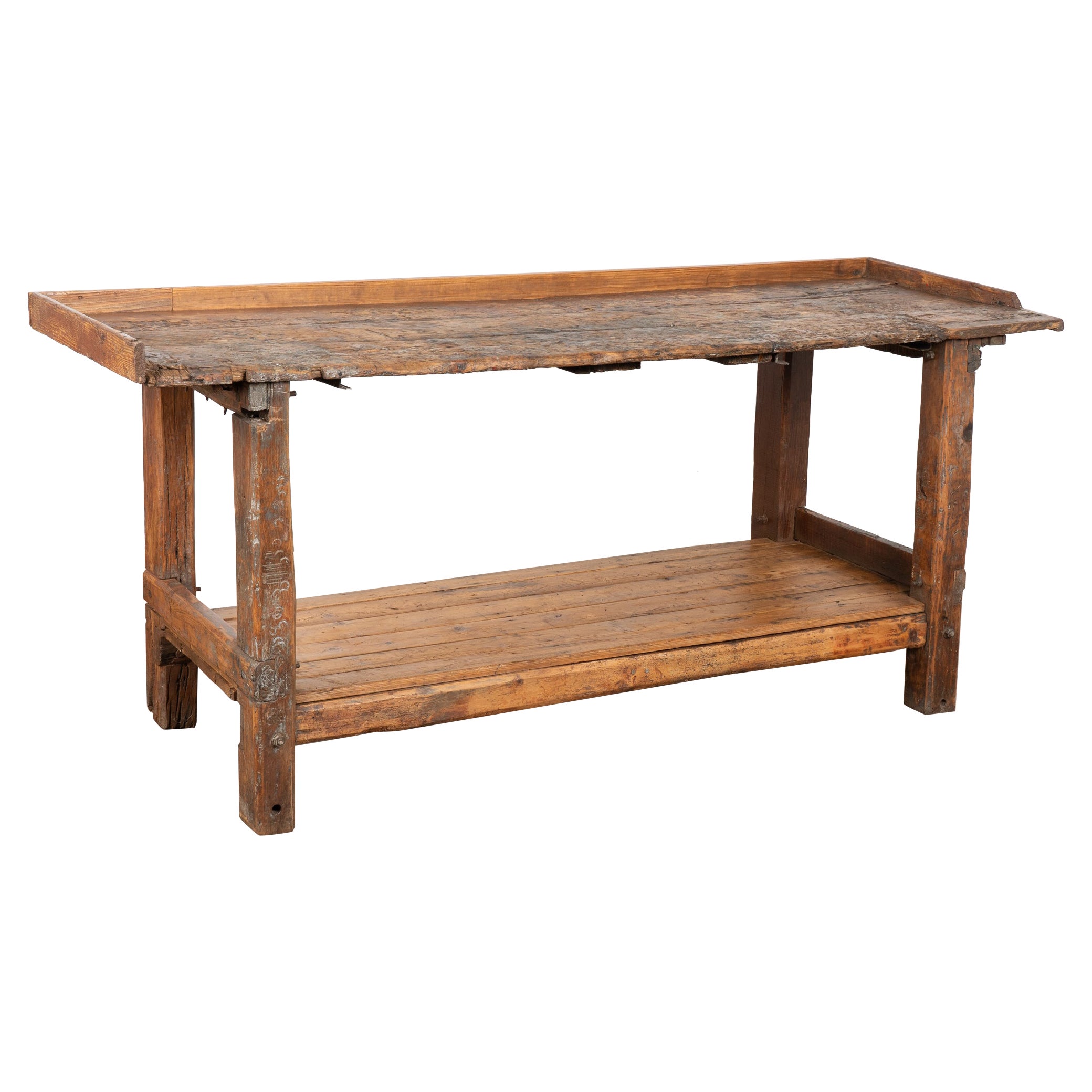 19th Century Rustic Pine Work Table with Shelf, Console or Island