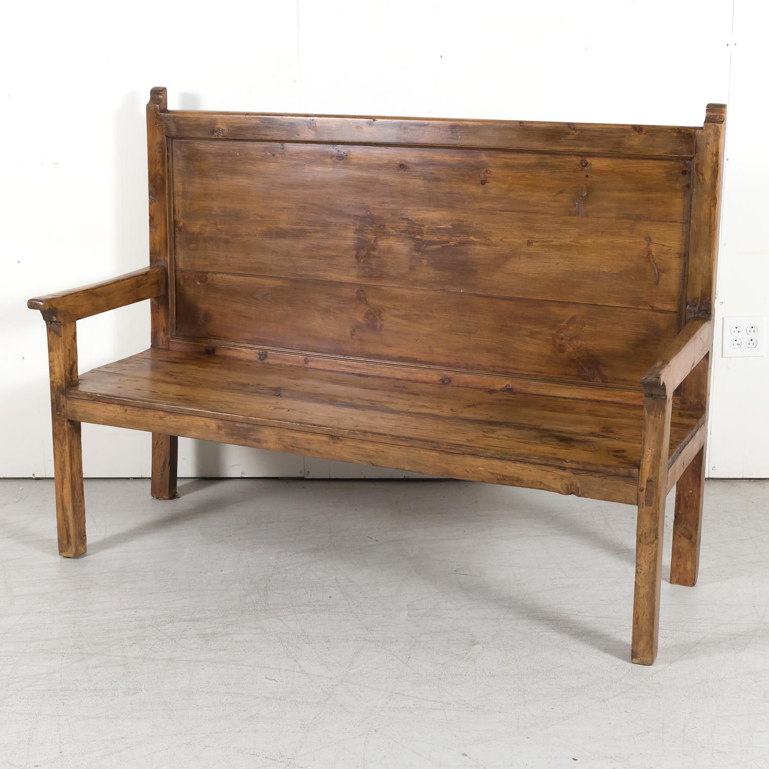 19th Century Rustic Spanish Colonial Pine Hall Bench with Arms In Good Condition In Birmingham, AL