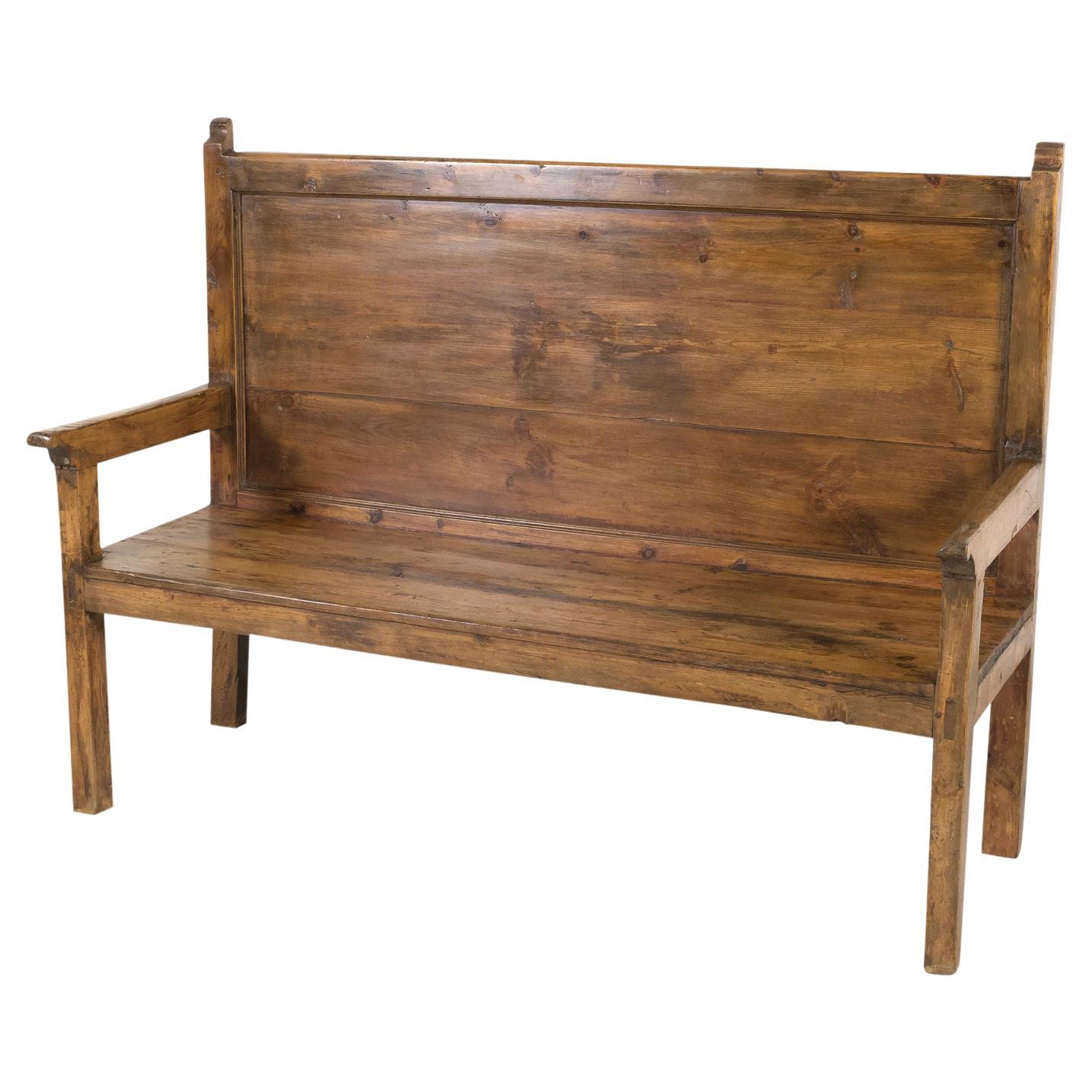19th Century Rustic Spanish Colonial Pine Hall Bench with Arms