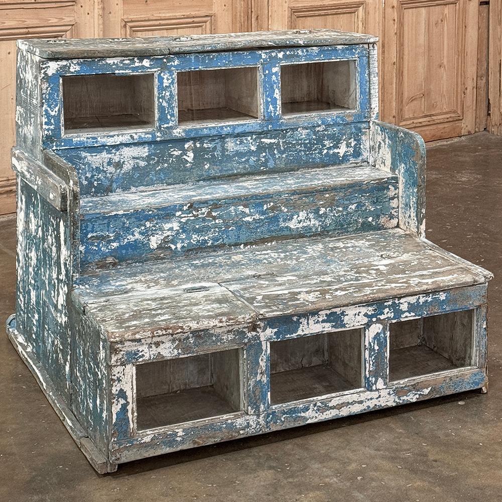19th Century Rustic Store Display Case with Distressed Painted Finish was custom designed for a store owner to display as well as keep additional stock of small items for sale.  Three platforms for display include the lower and upper which open to