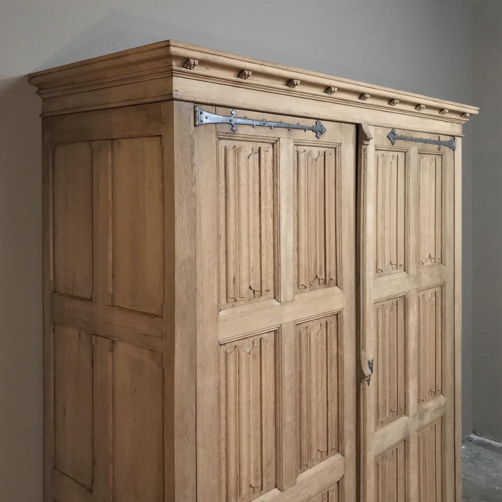 Gothic Revival 19th Century Rustic Stripped Oak Gothic Armoire