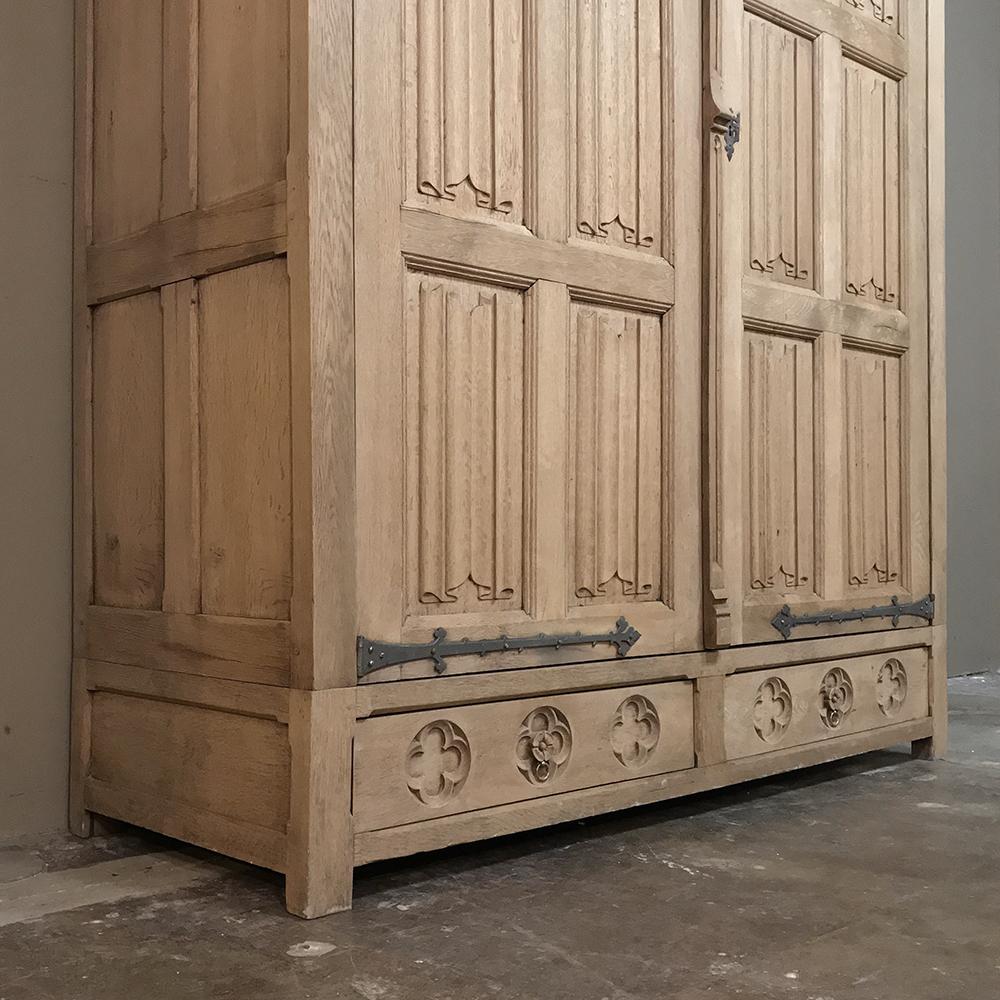 French 19th Century Rustic Stripped Oak Gothic Armoire