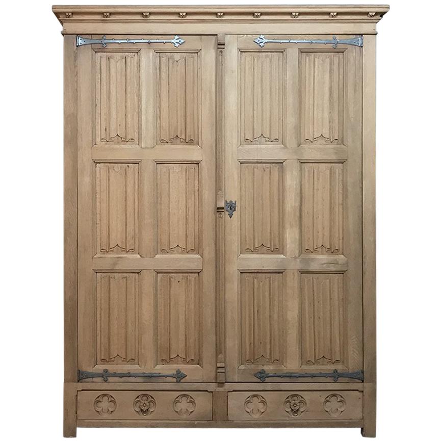 19th Century Rustic Stripped Oak Gothic Armoire