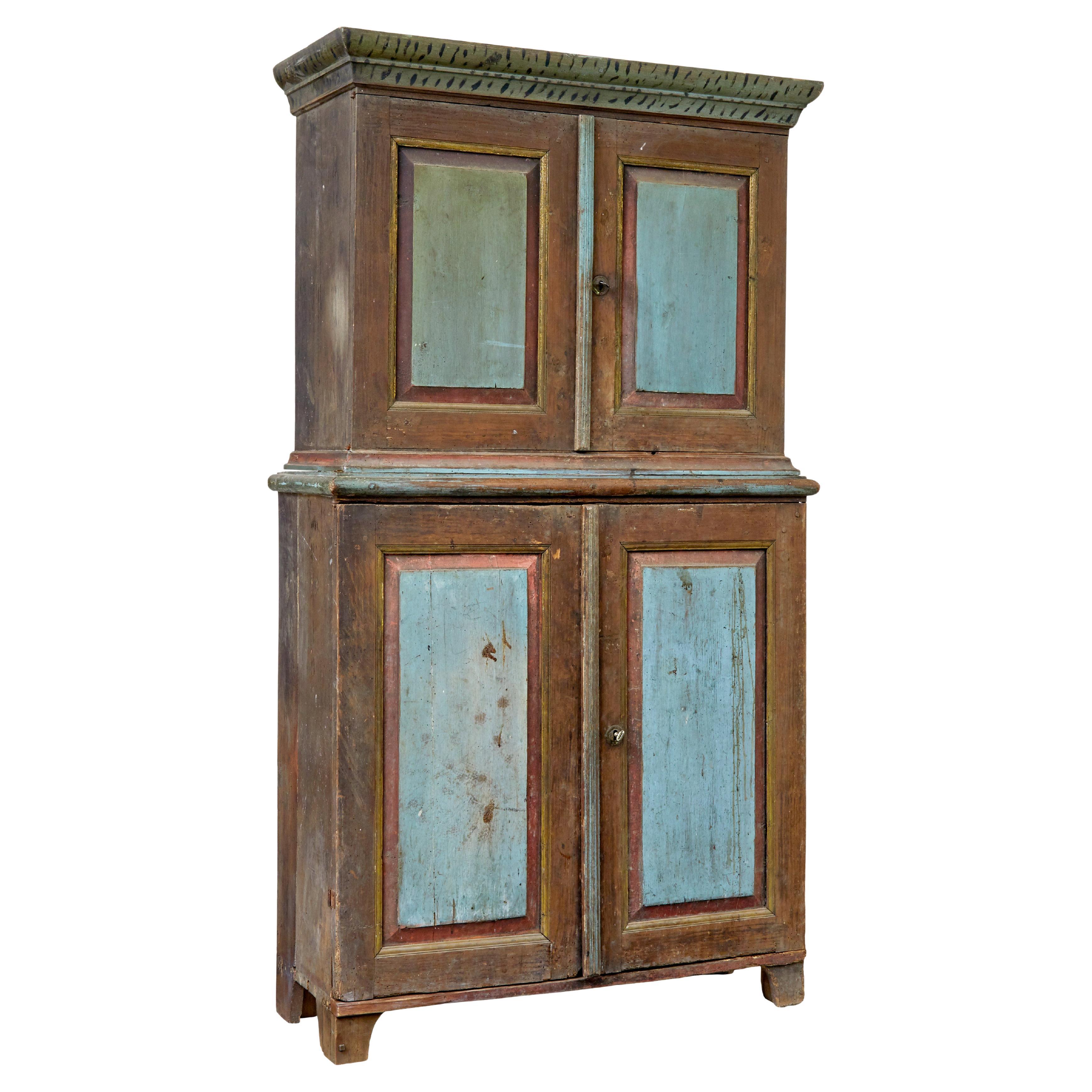 19th century rustic Swedish hand painted cupboard For Sale