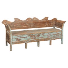 19th Century Rustic Swedish Original Painted Pine Bench with Storage