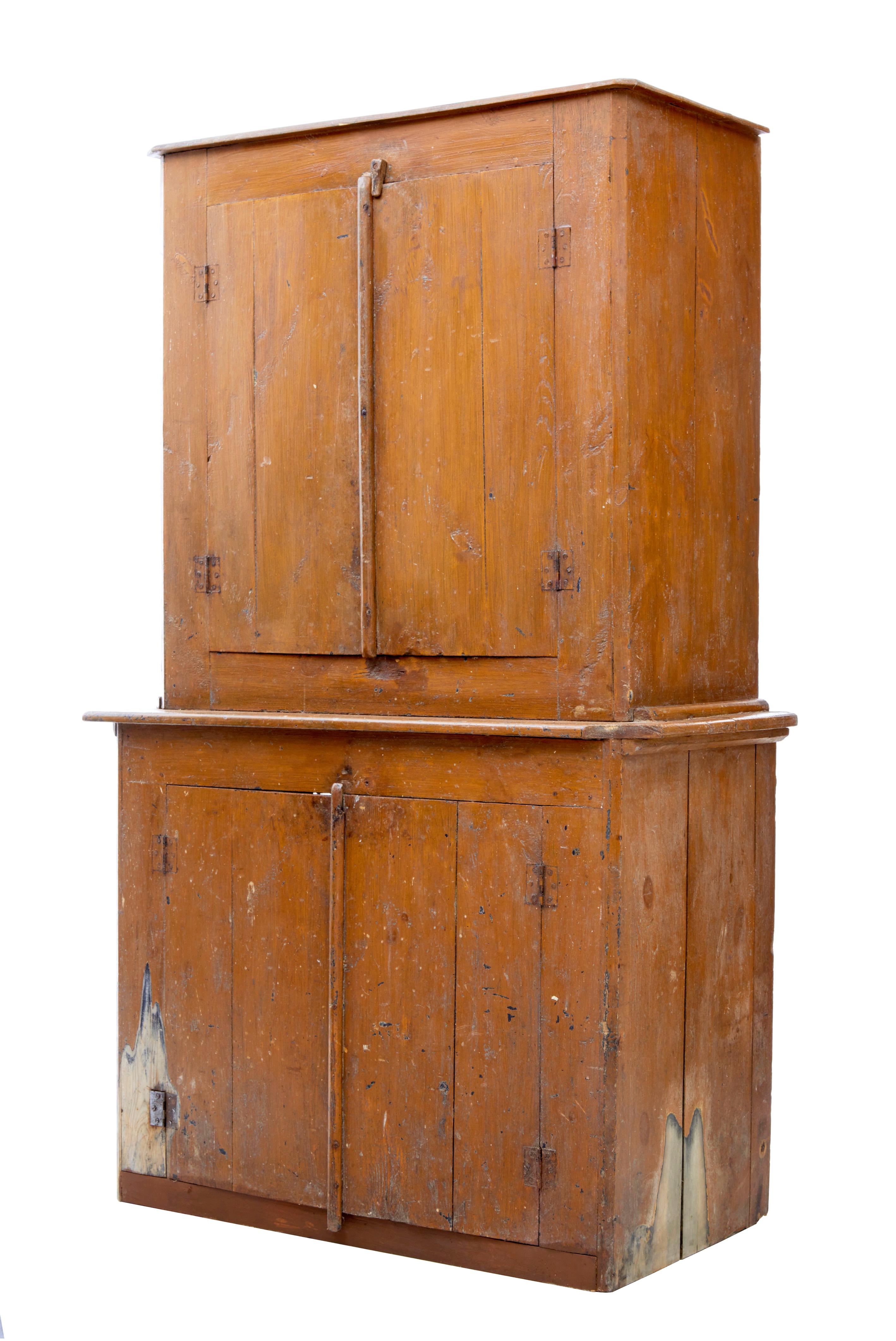 19th Century Rustic Swedish Pine Painted Kitchen Cupboard In Fair Condition In Debenham, Suffolk