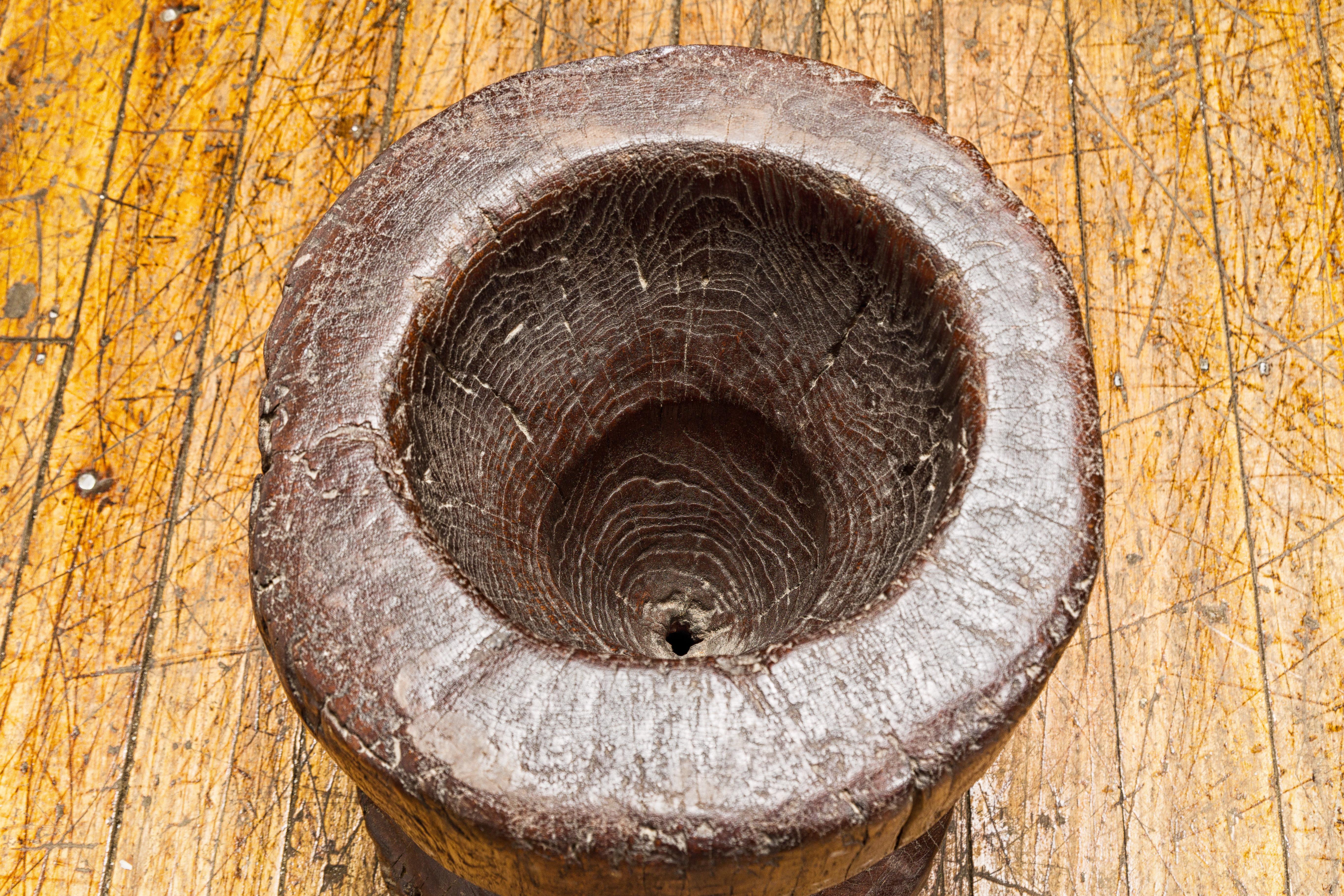 19th Century Rustic Teak Wood Mortar Urn, Antique Planter for Vintage Home Decor For Sale 5