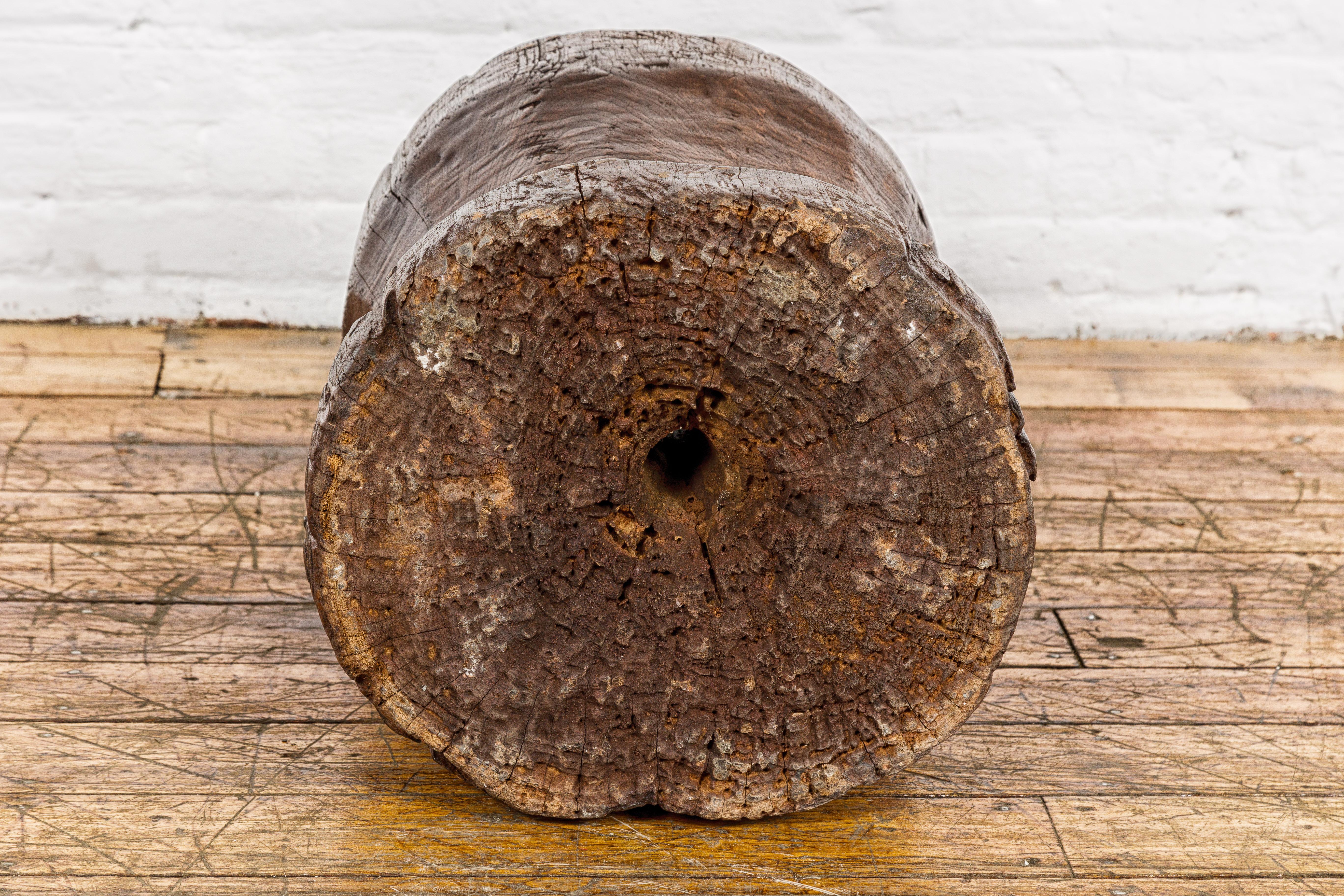 19th Century Rustic Teak Wood Mortar Urn, Antique Planter for Vintage Home Decor For Sale 6