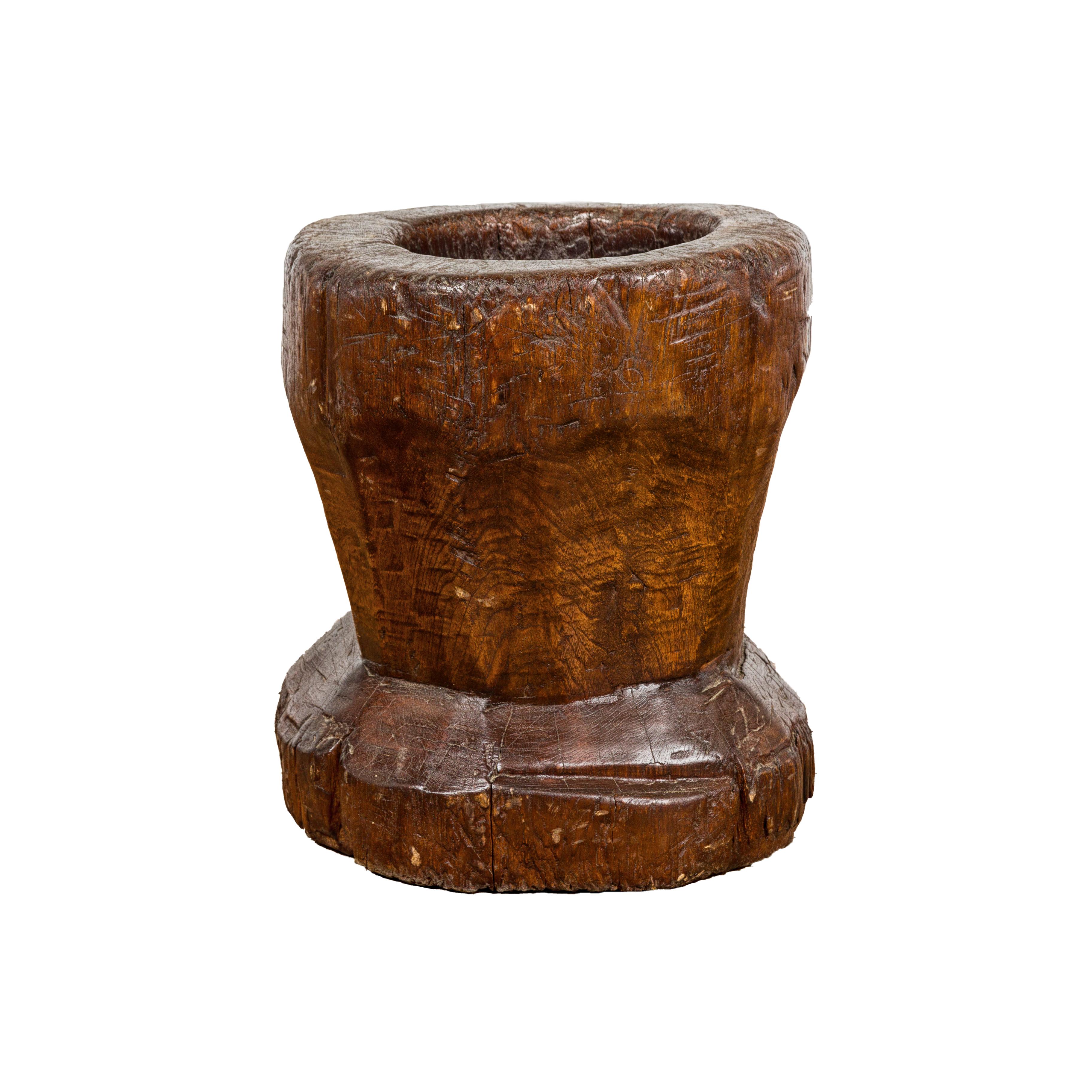19th Century Rustic Teak Wood Mortar Urn, Antique Planter for Vintage Home Decor For Sale 7