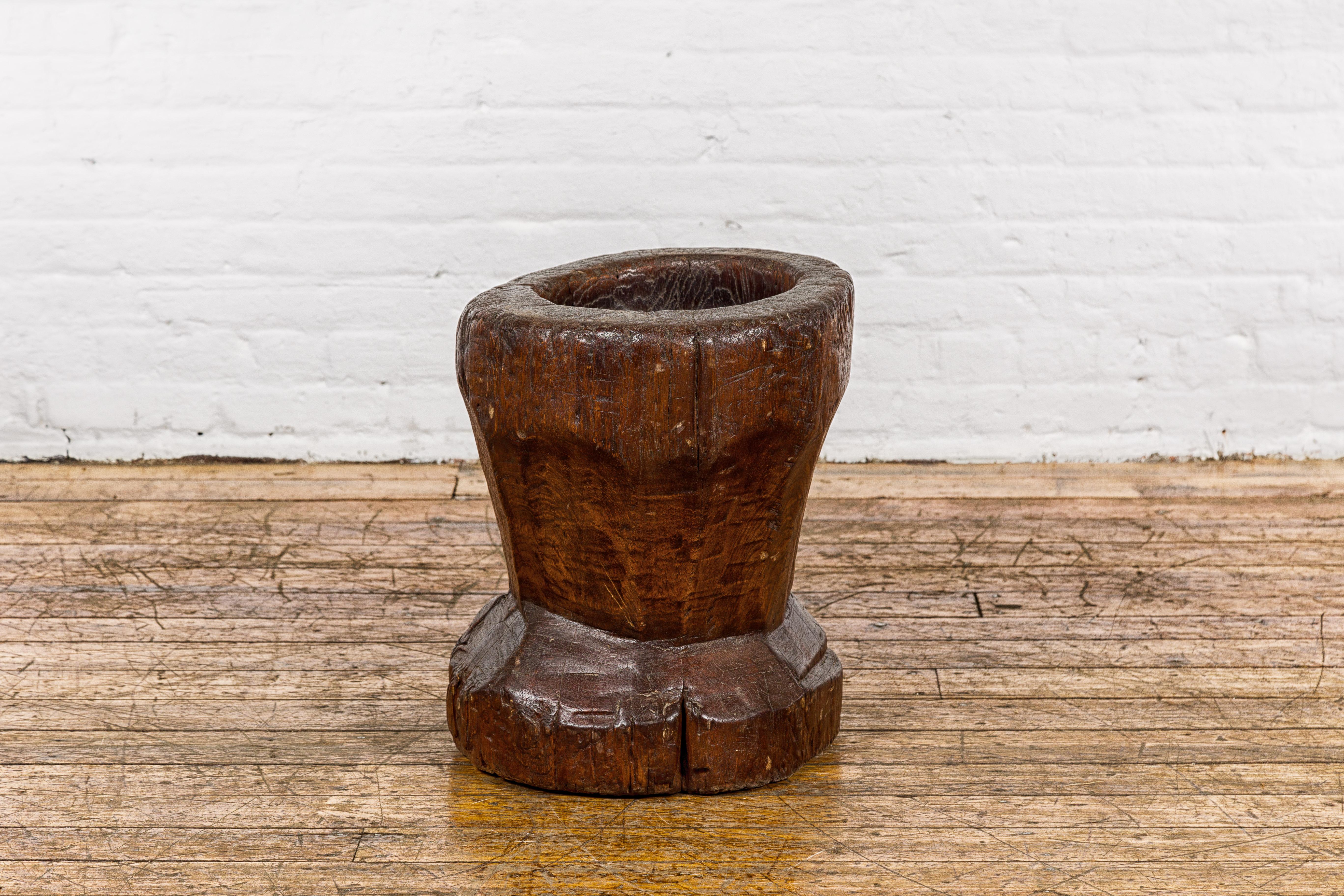 Indonesian 19th Century Rustic Teak Wood Mortar Urn, Antique Planter for Vintage Home Decor For Sale