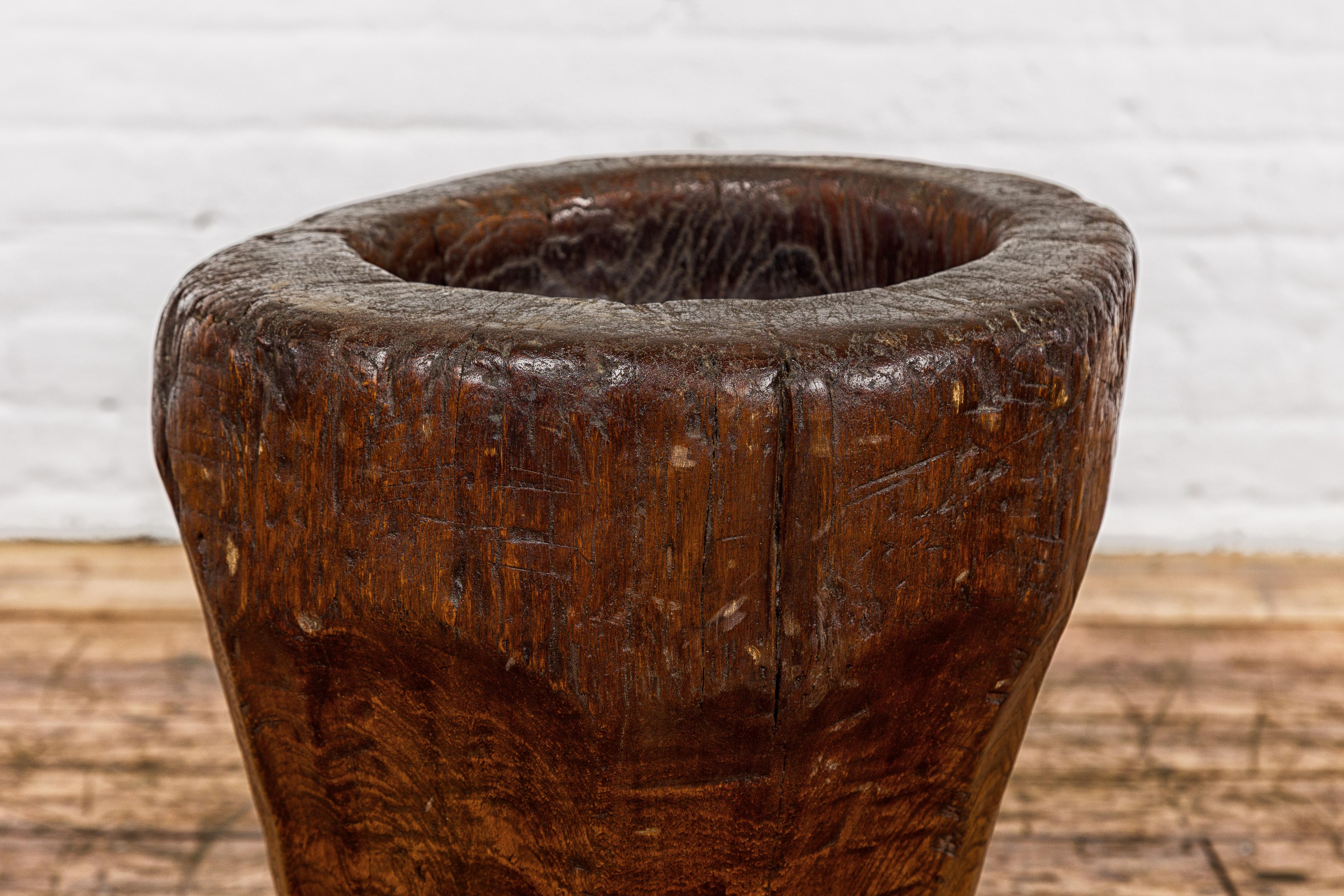 Carved 19th Century Rustic Teak Wood Mortar Urn, Antique Planter for Vintage Home Decor For Sale
