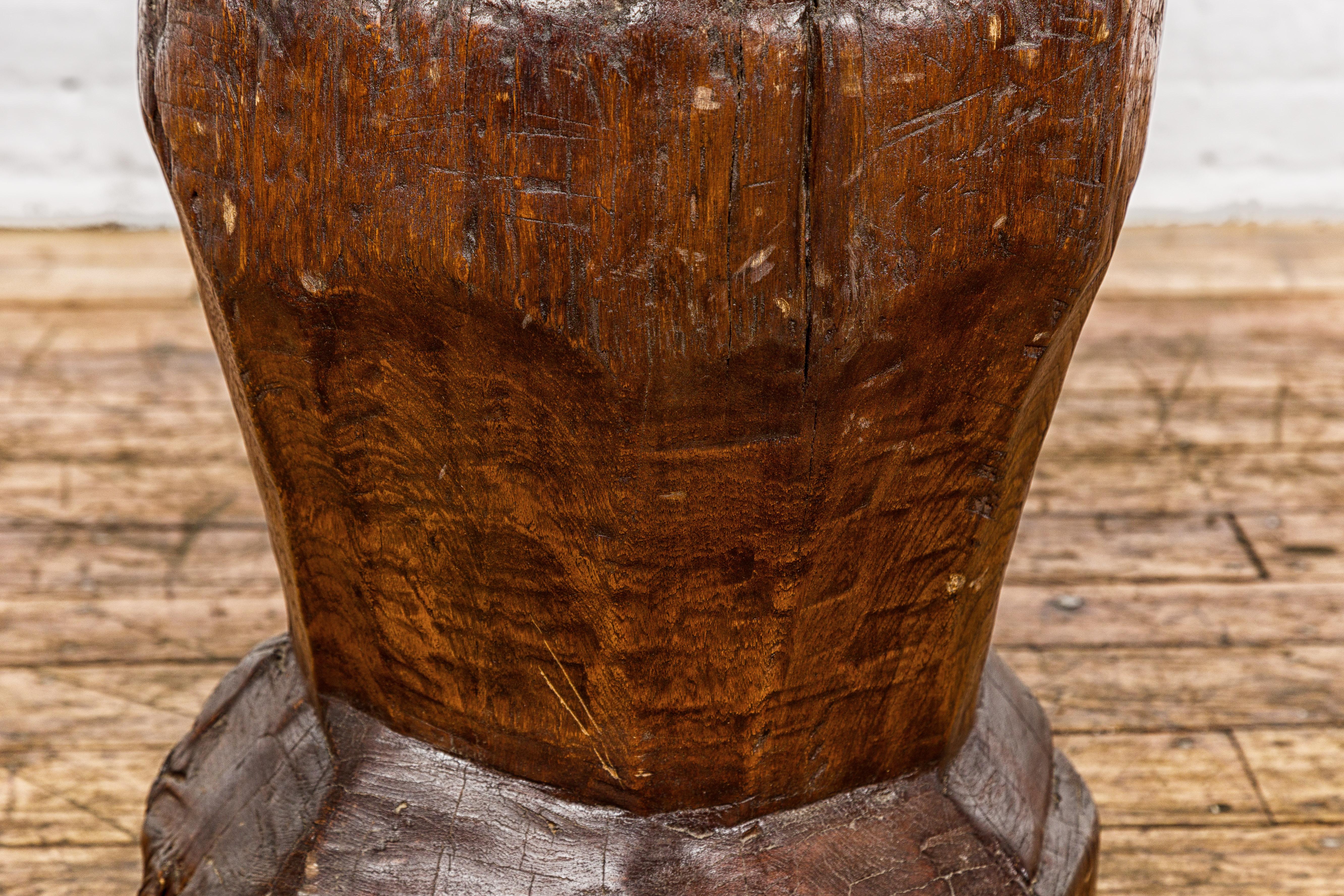 19th Century Rustic Teak Wood Mortar Urn, Antique Planter for Vintage Home Decor In Good Condition For Sale In Yonkers, NY