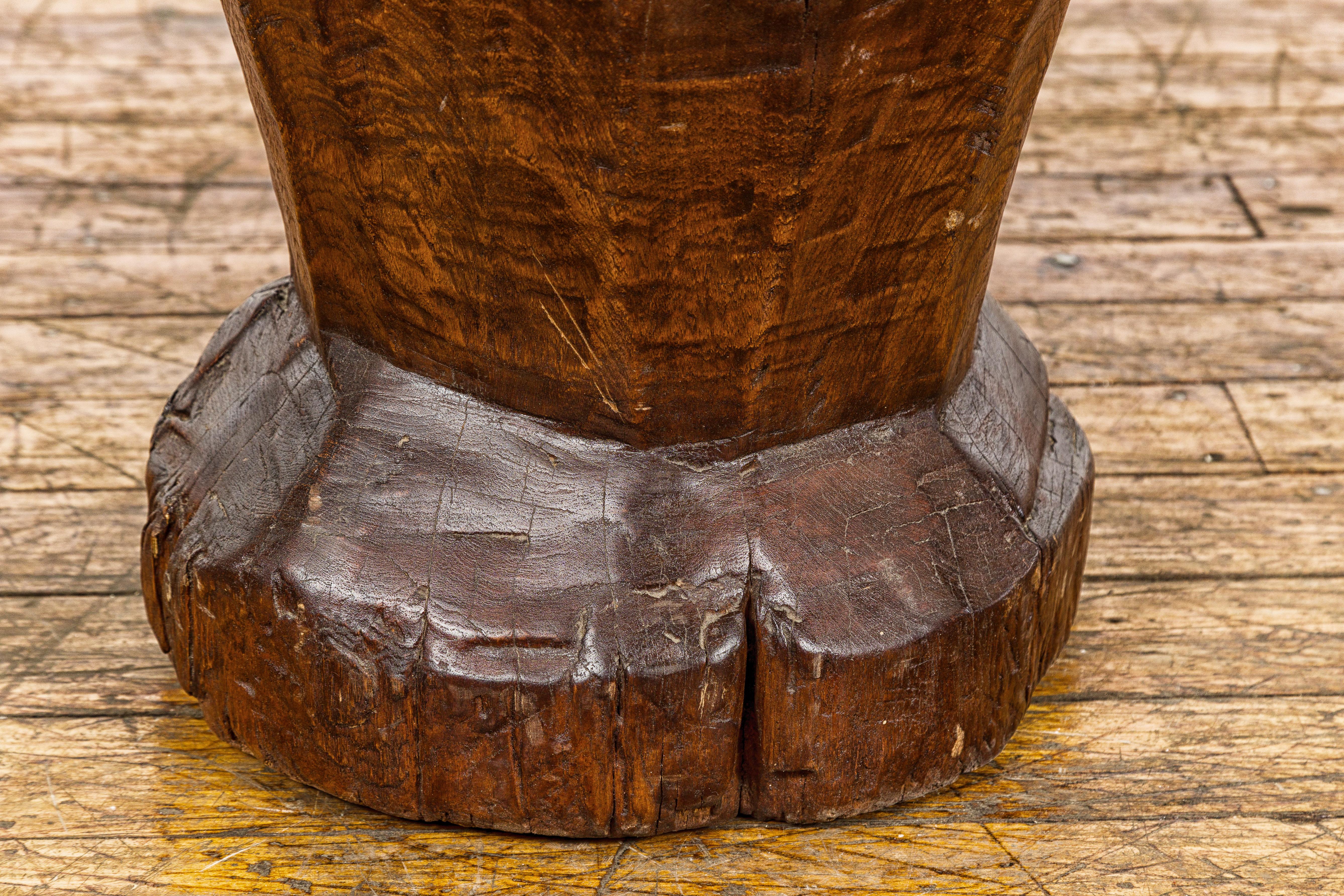 19th Century Rustic Teak Wood Mortar Urn, Antique Planter for Vintage Home Decor For Sale 1
