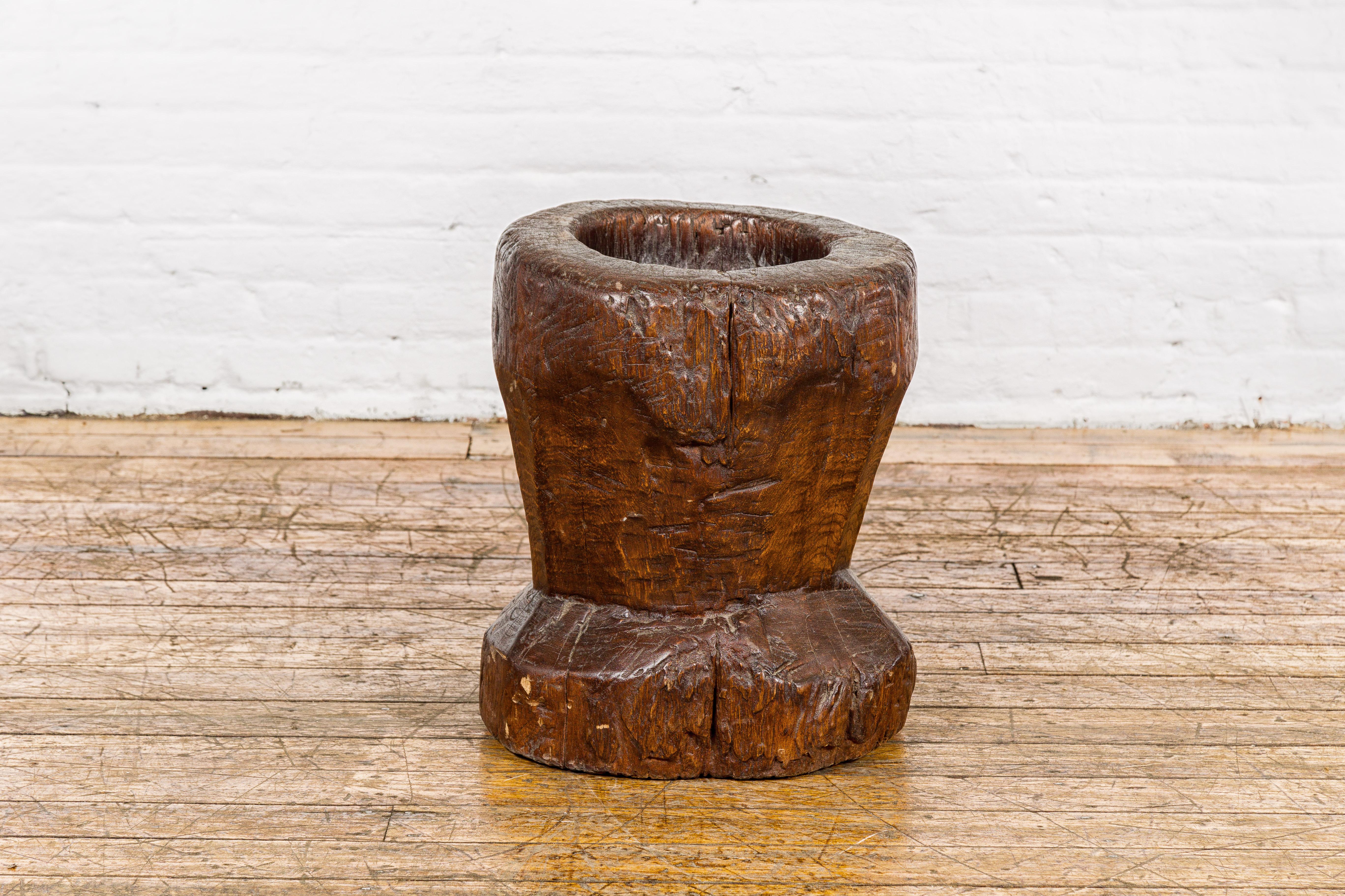 19th Century Rustic Teak Wood Mortar Urn, Antique Planter for Vintage Home Decor For Sale 2