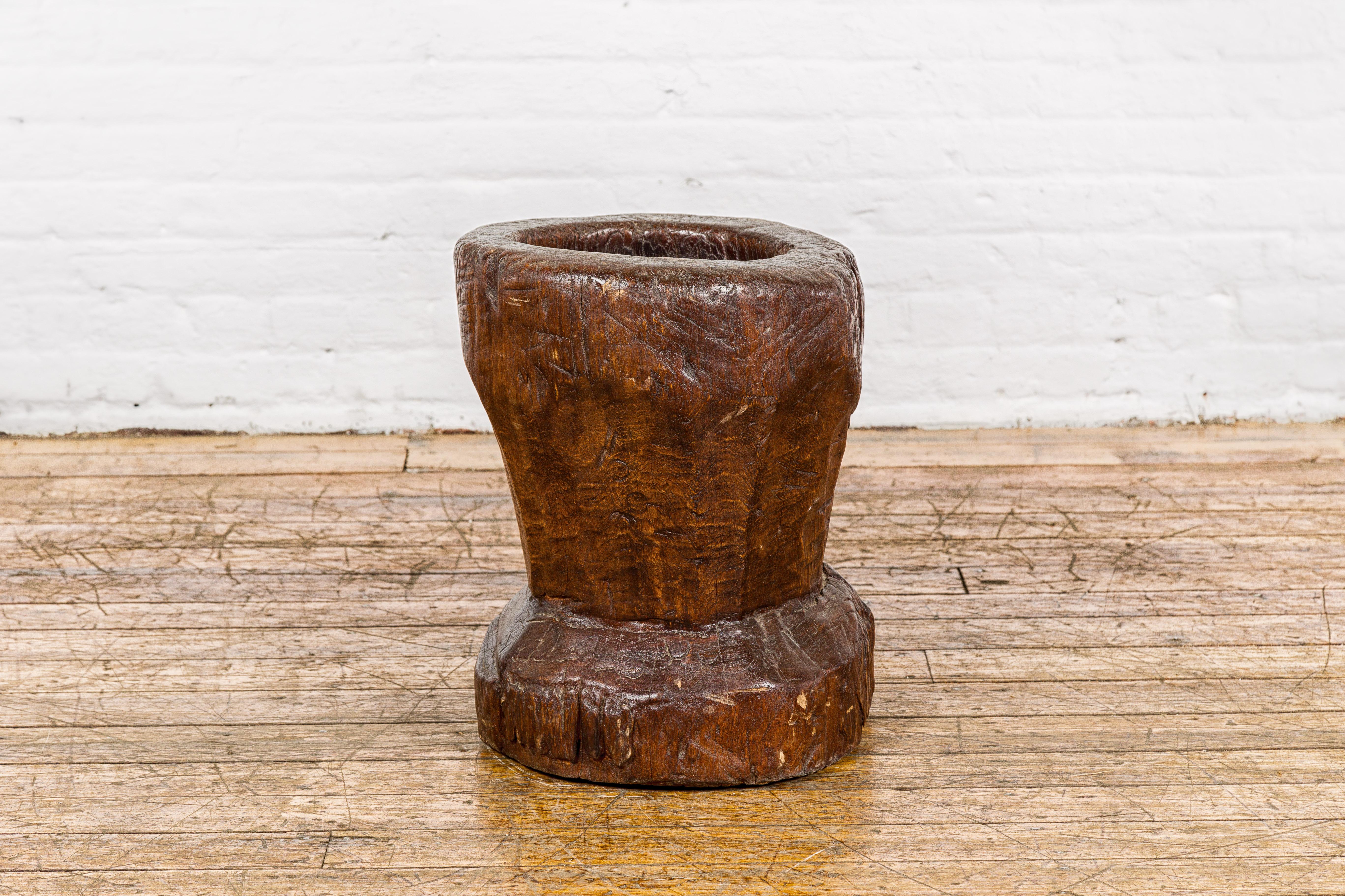 19th Century Rustic Teak Wood Mortar Urn, Antique Planter for Vintage Home Decor For Sale 3
