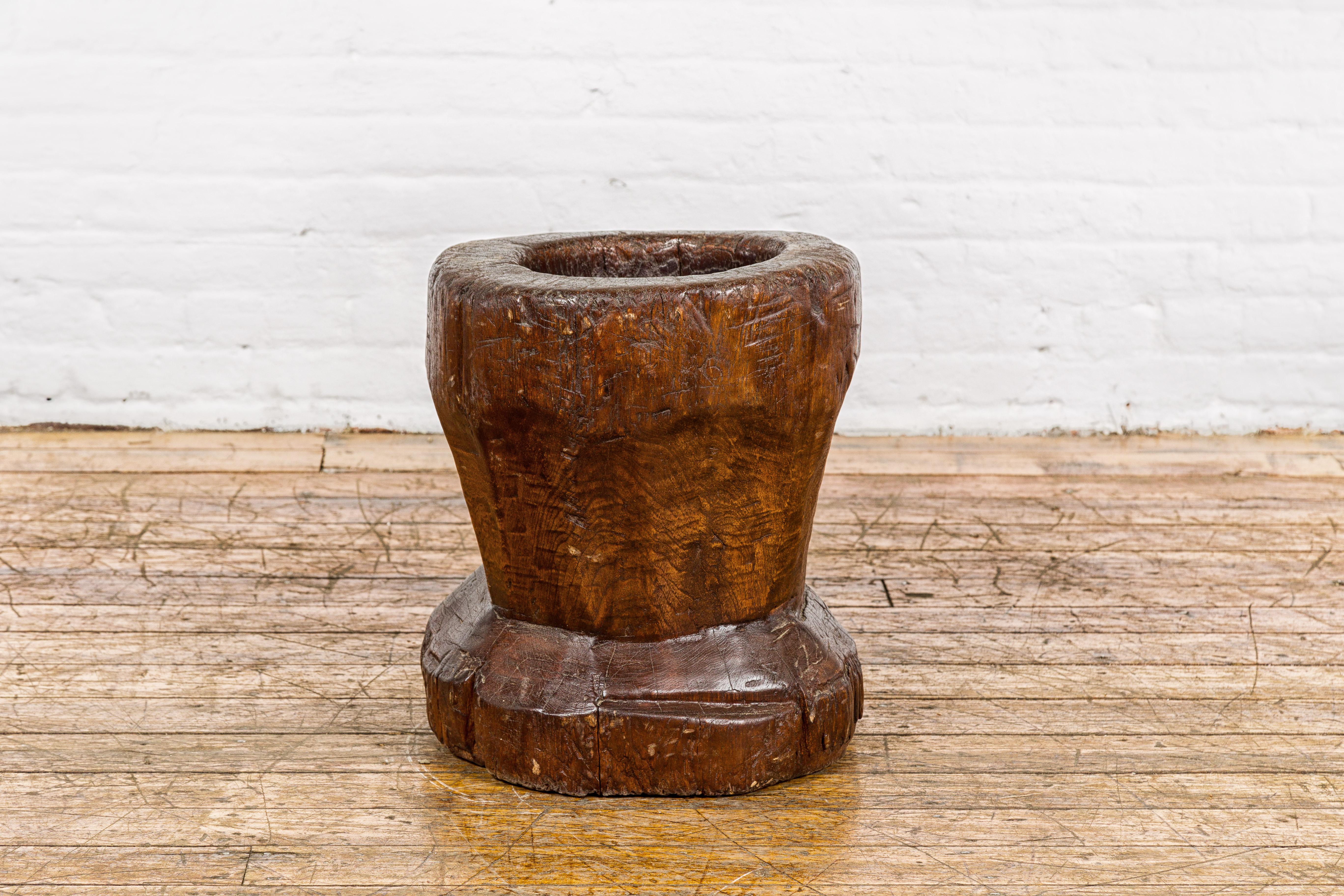 19th Century Rustic Teak Wood Mortar Urn, Antique Planter for Vintage Home Decor For Sale 4
