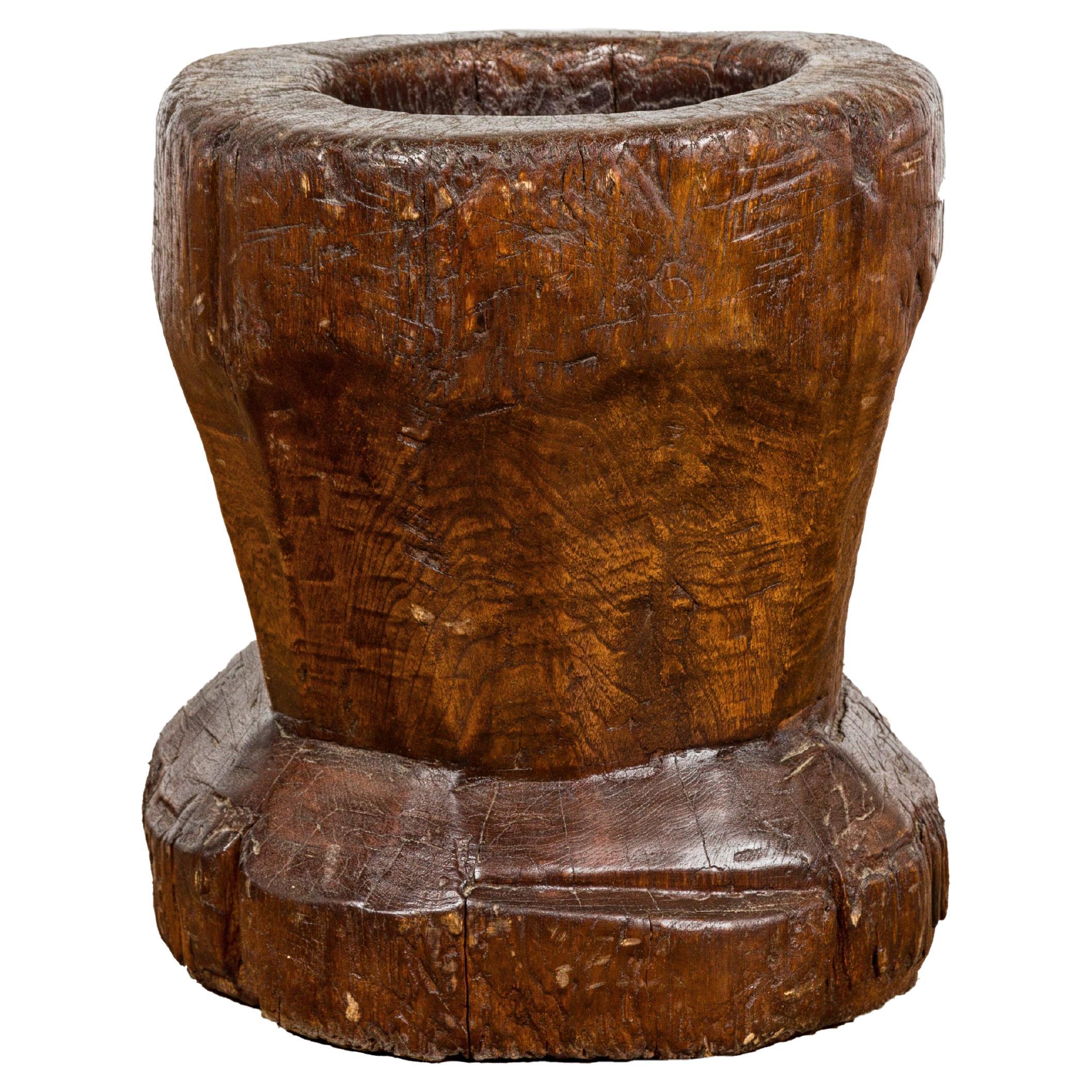 19th Century Rustic Teak Wood Mortar Urn, Antique Planter for Vintage Home Decor For Sale