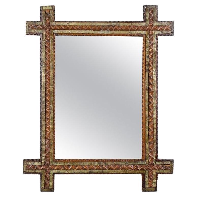 Specchio rustico Tramp Art del XIX secolo, marrone/oro, Austria circa 1870 in vendita