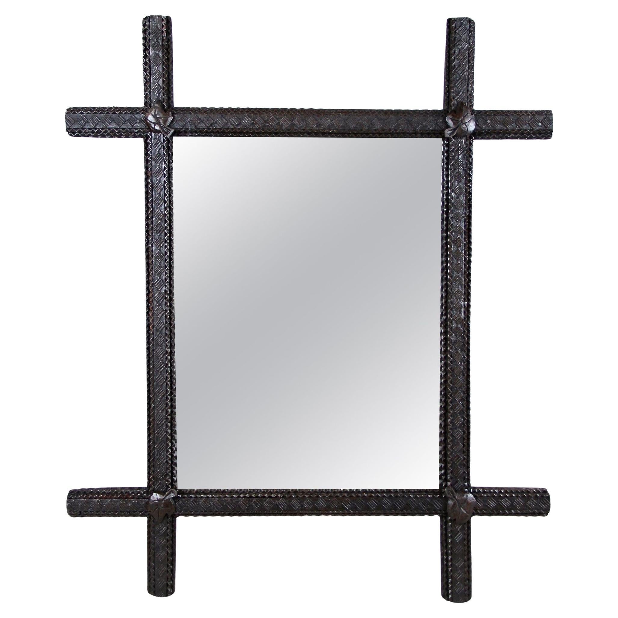 19th Century Rustic Tramp Art Mirror, Hand Carved, Austria, circa 1840 For Sale