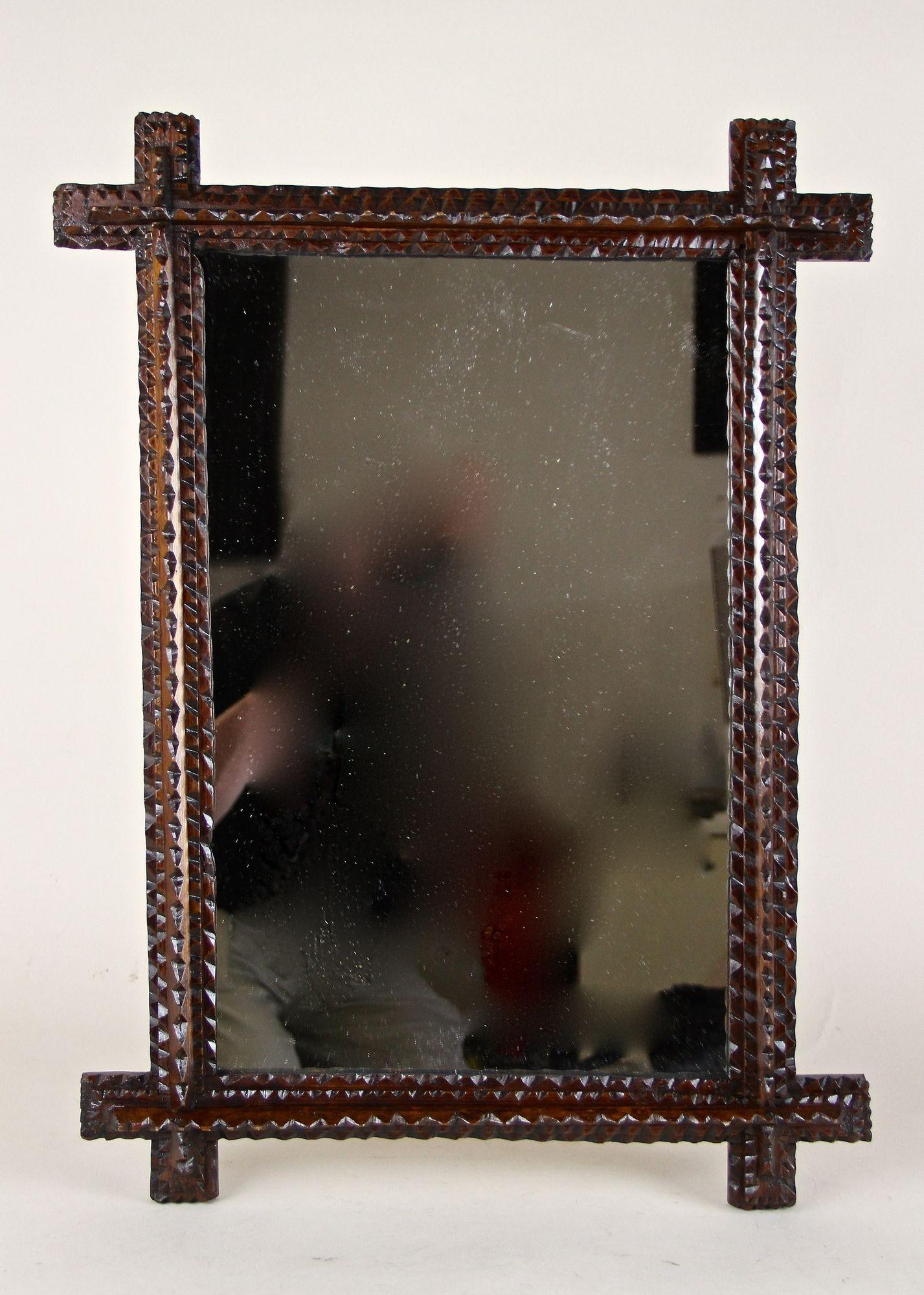 19th Century Rustic Tramp Art Mirror, Notch Cut Design, Austria ca. 1870 For Sale 5