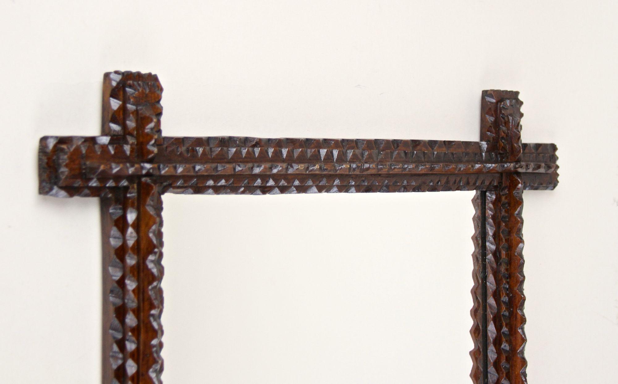 Hand-Carved 19th Century Rustic Tramp Art Mirror, Notch Cut Design, Austria ca. 1870 For Sale