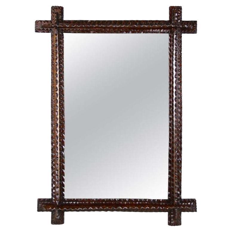 19th Century Rustic Tramp Art Mirror, Notch Cut Design, Austria ca. 1870 For Sale