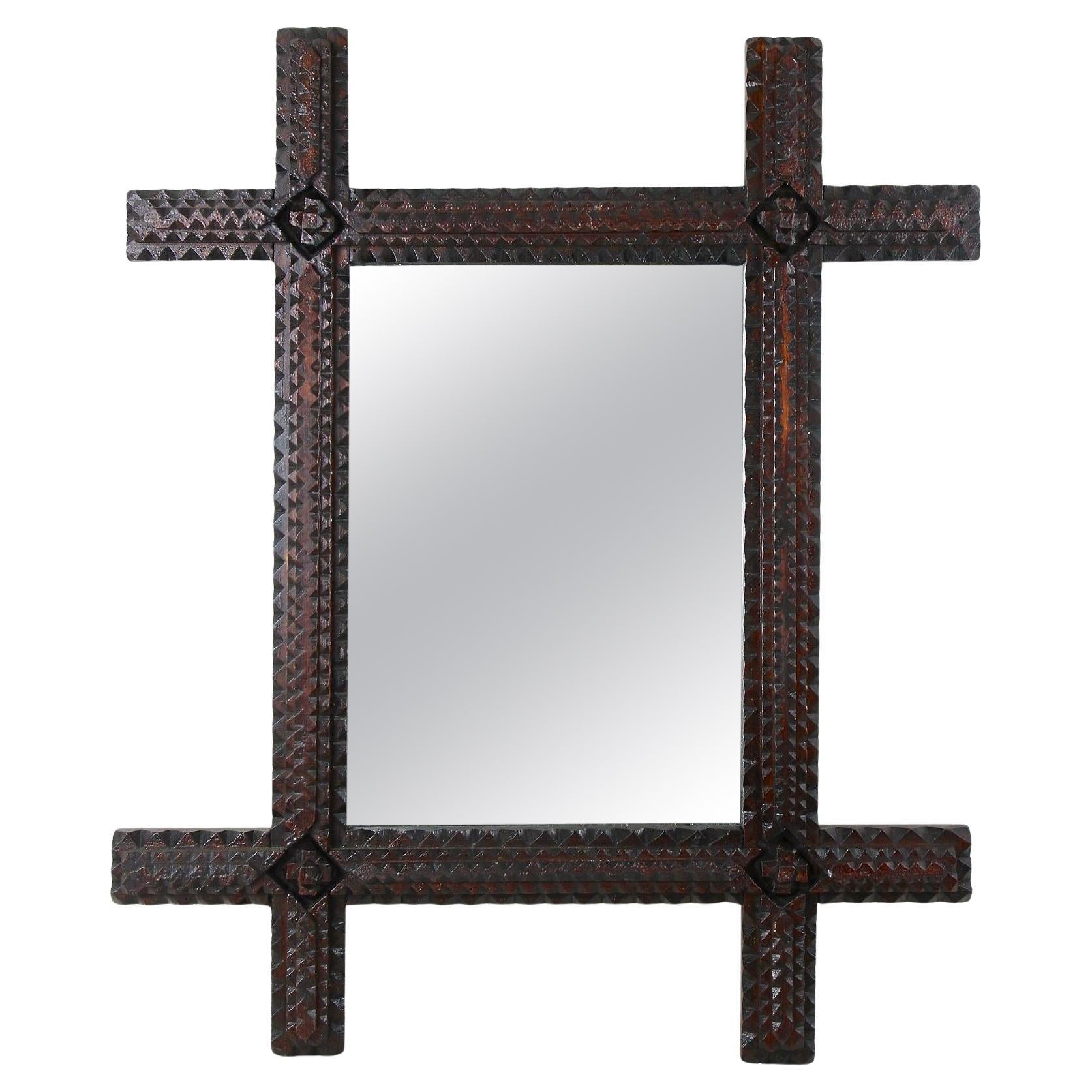 19th Century Rustic Tramp Art Wall Mirror Hand Carved, Austria, circa 1870