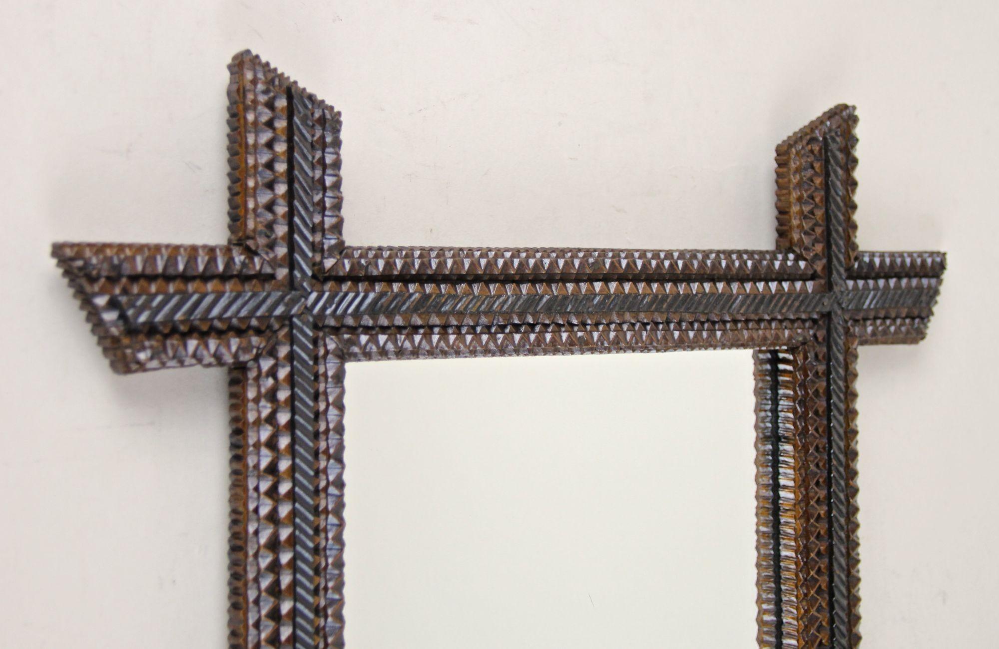 Hand-Carved 19th Century Rustic Tramp Art Wall Mirror, Notch Cut, Austria, circa 1880 For Sale