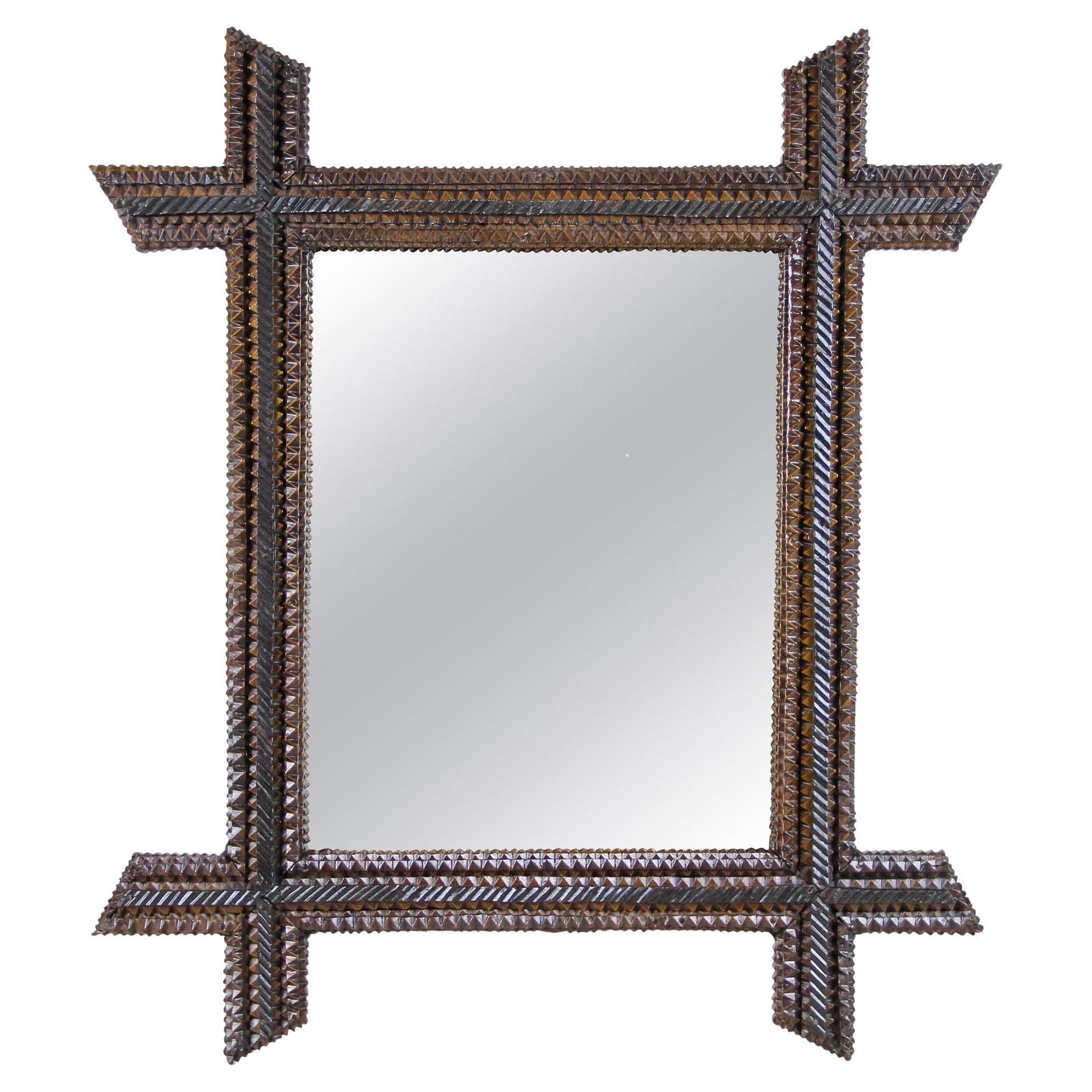19th Century Rustic Tramp Art Wall Mirror, Notch Cut, Austria, circa 1880 For Sale