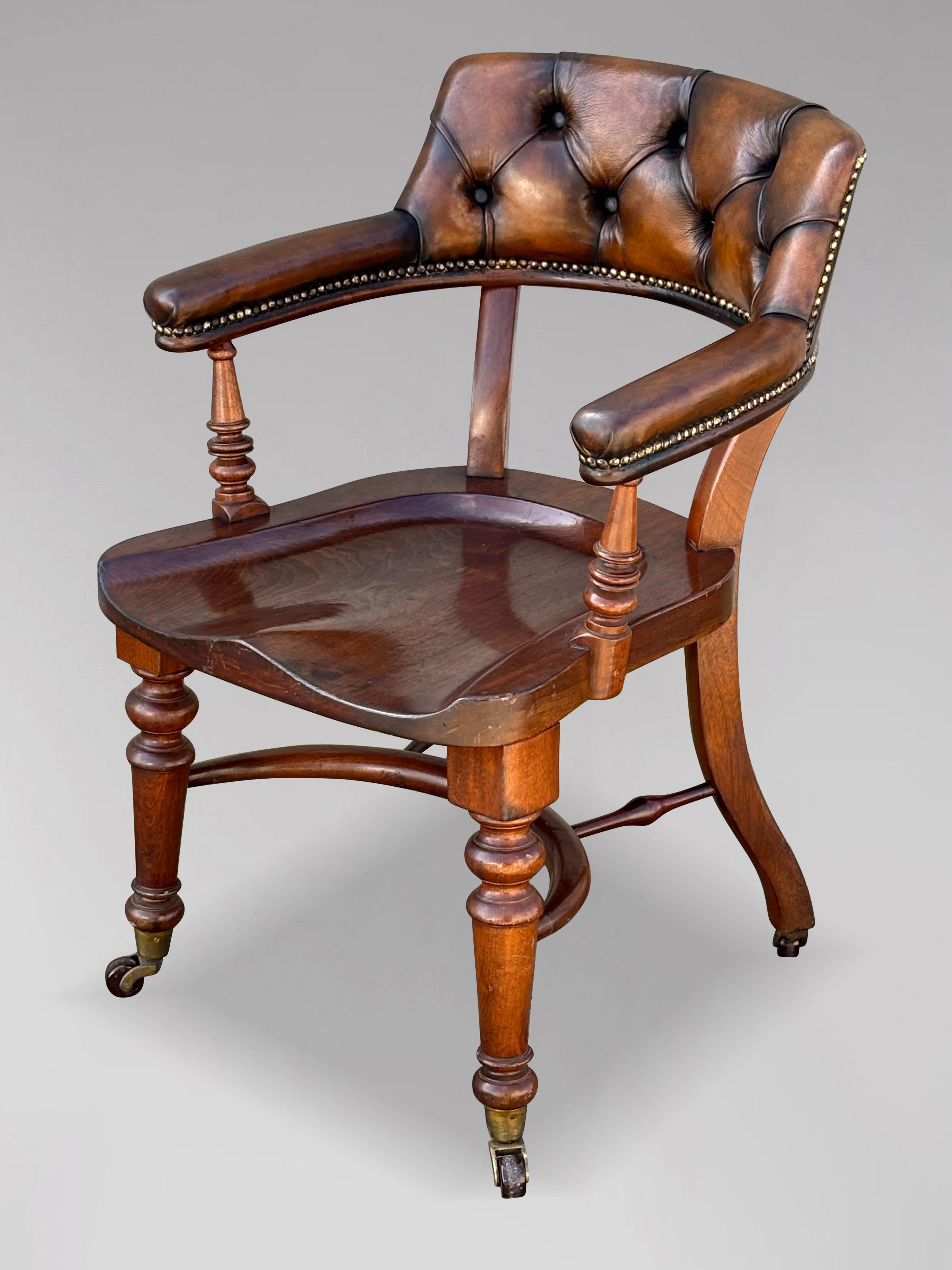 Victorian 19th Century Saddle Seat Leather Desk Armchair For Sale