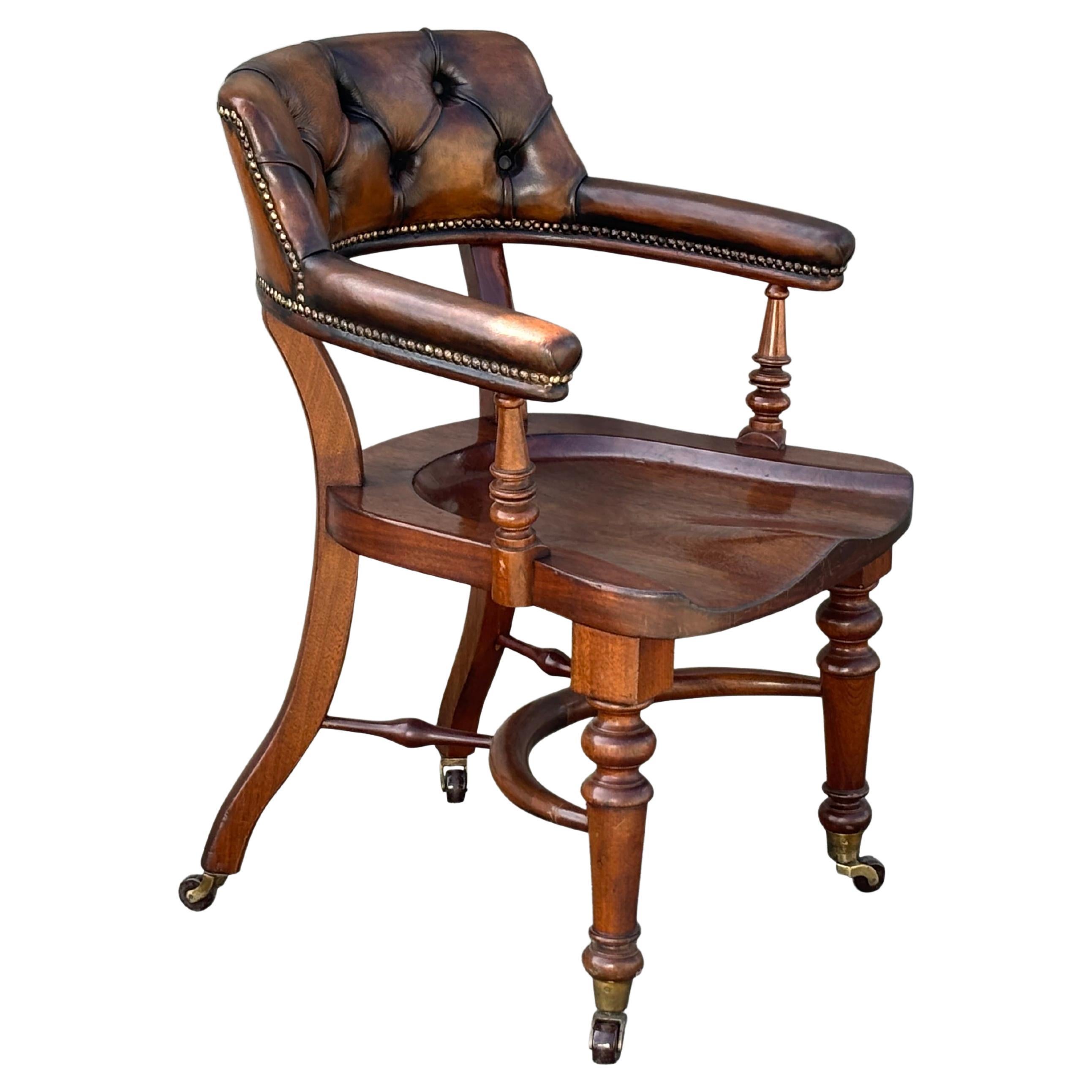 19th Century Saddle Seat Leather Desk Armchair For Sale